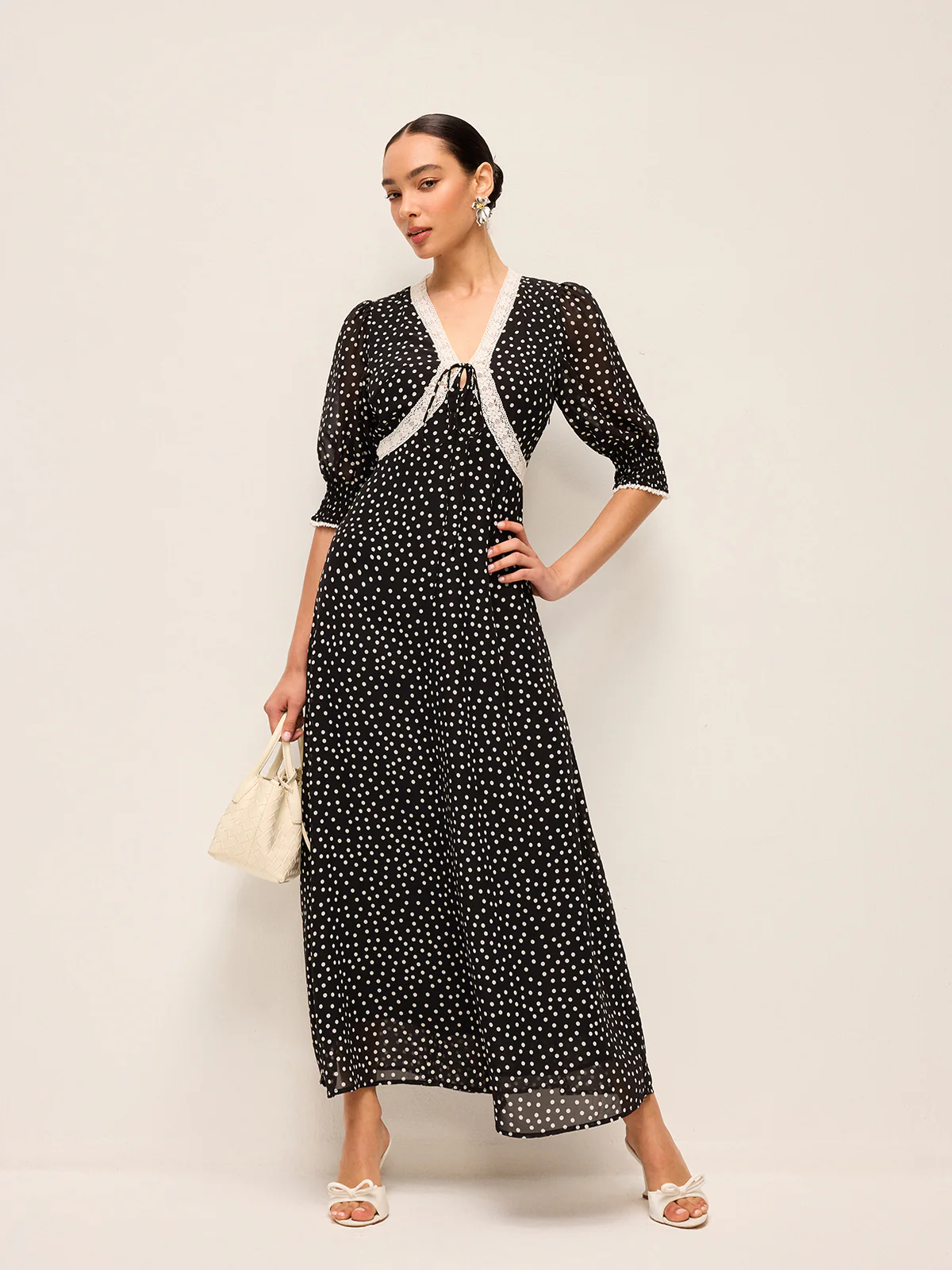 Semi-Sheer Polka Dot Chiffon Dress With Lace Trim - Image 5