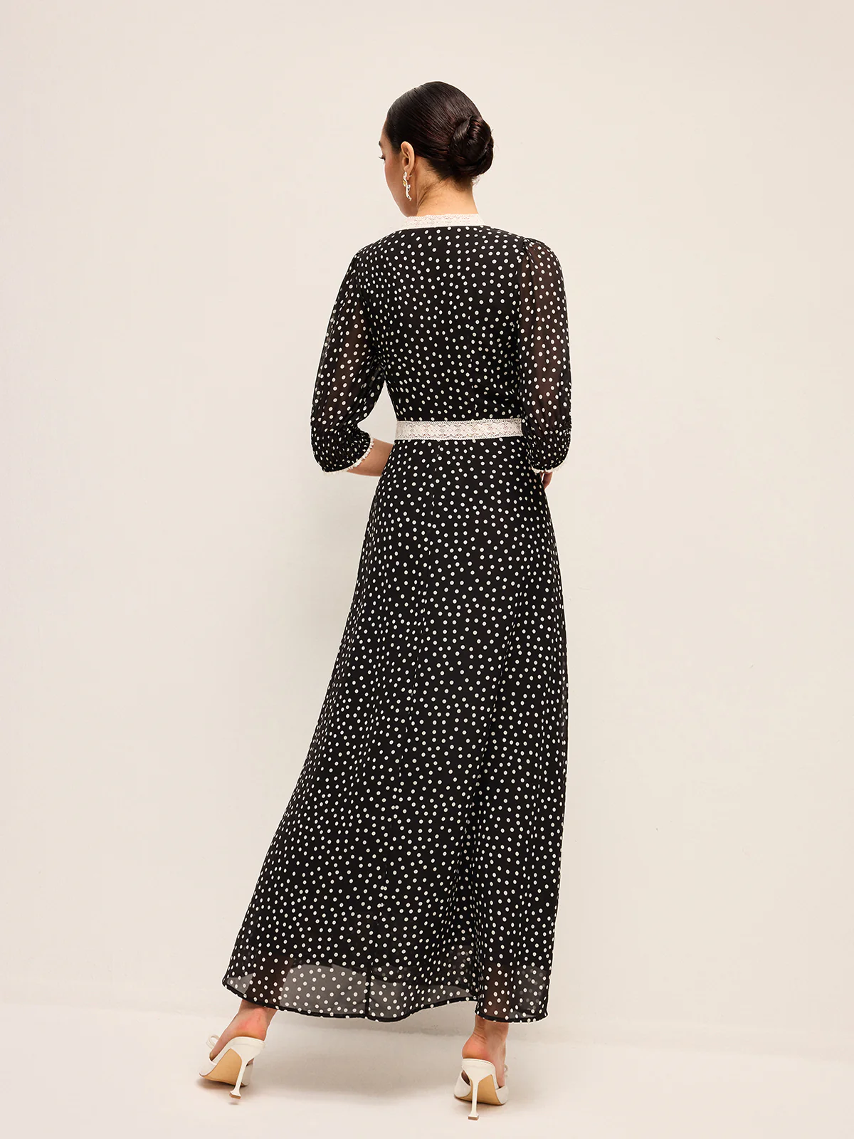 Semi-Sheer Polka Dot Chiffon Dress With Lace Trim - Image 6