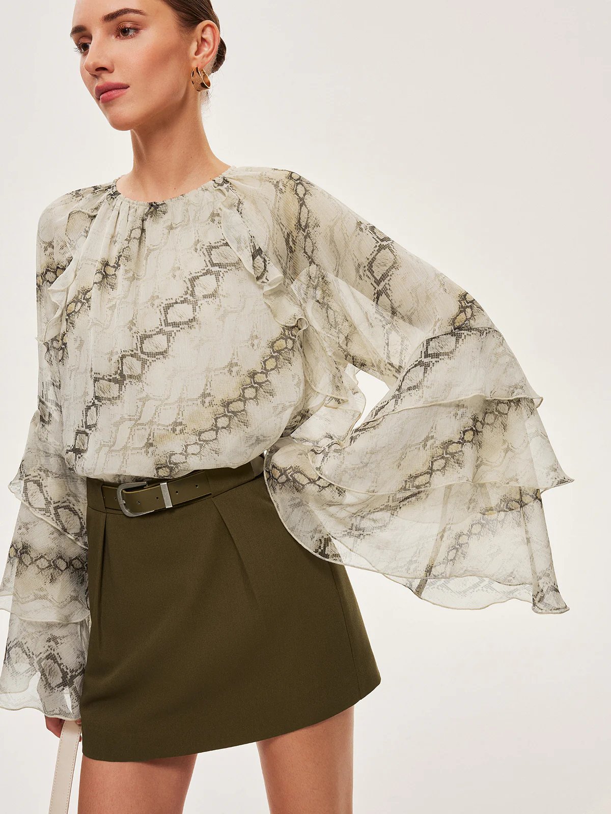 Semi-Sheer Print Ruffle Sleeve Chiffon Blouse - Image 2
