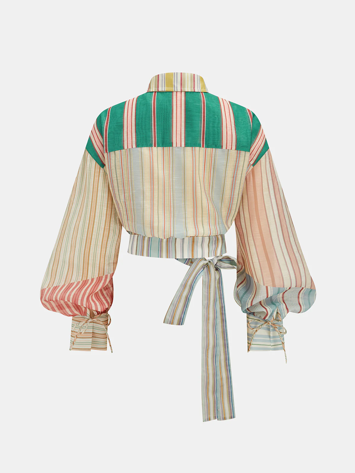 Semi-Sheer Rainbow Striped Tie Waist Blouse - Image 2