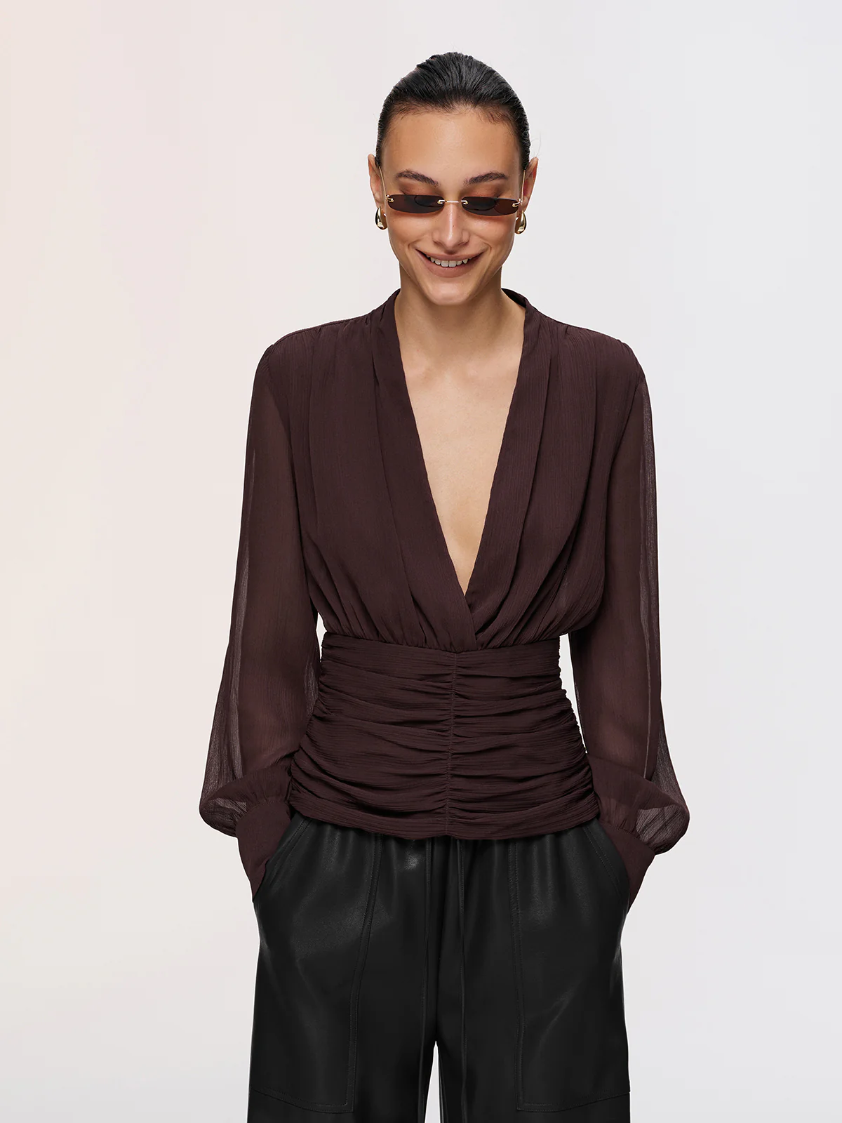 Semi-Sheer Ruched Deep V-Neck Blouse - Image 3
