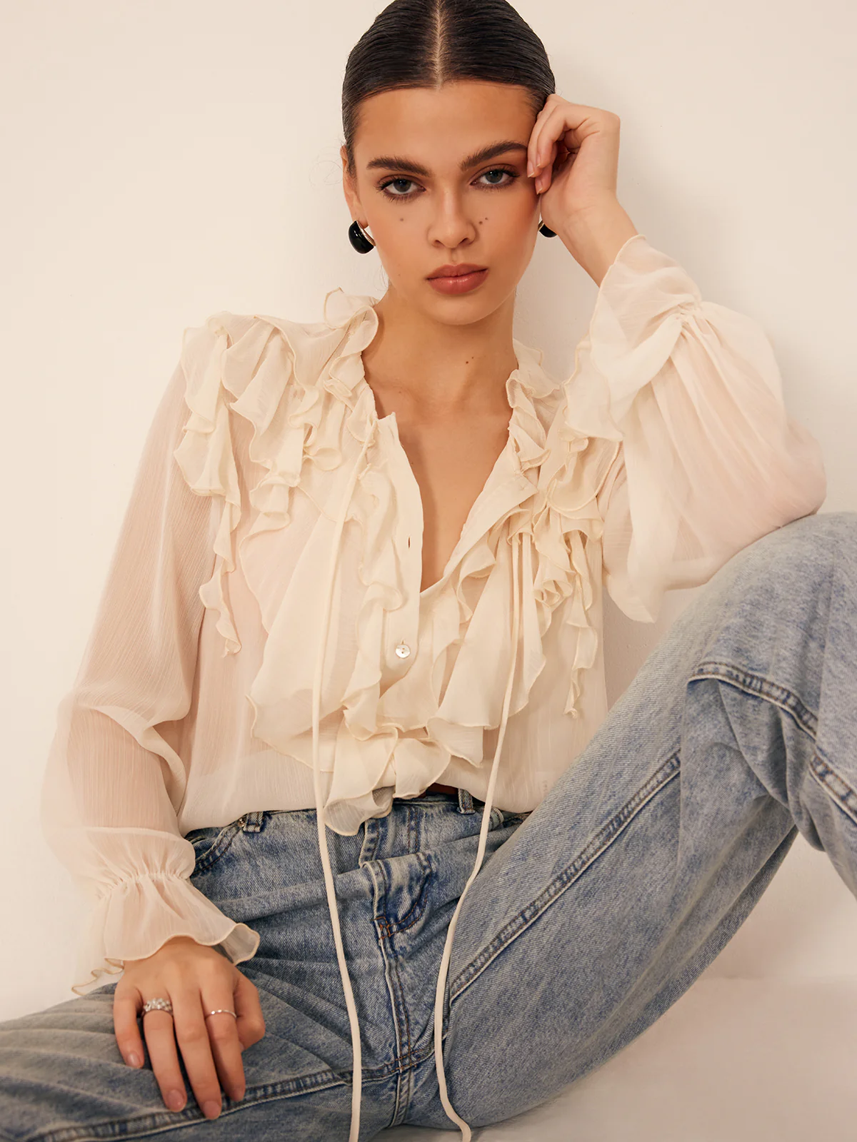 Semi-Sheer Ruffle Chiffon Breasted Blouse - Image 2