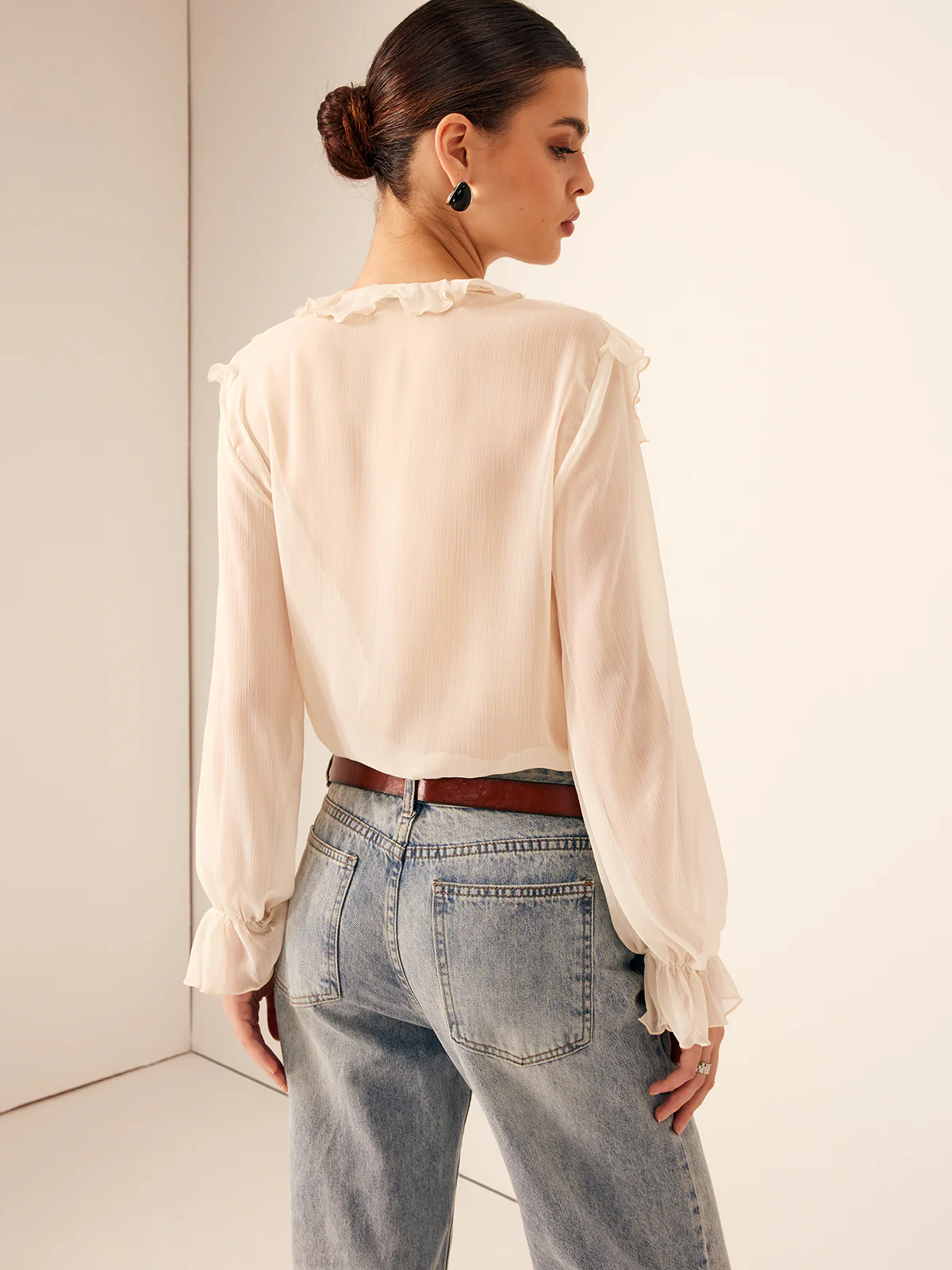 Semi-Sheer Ruffle Chiffon Breasted Blouse - Image 6