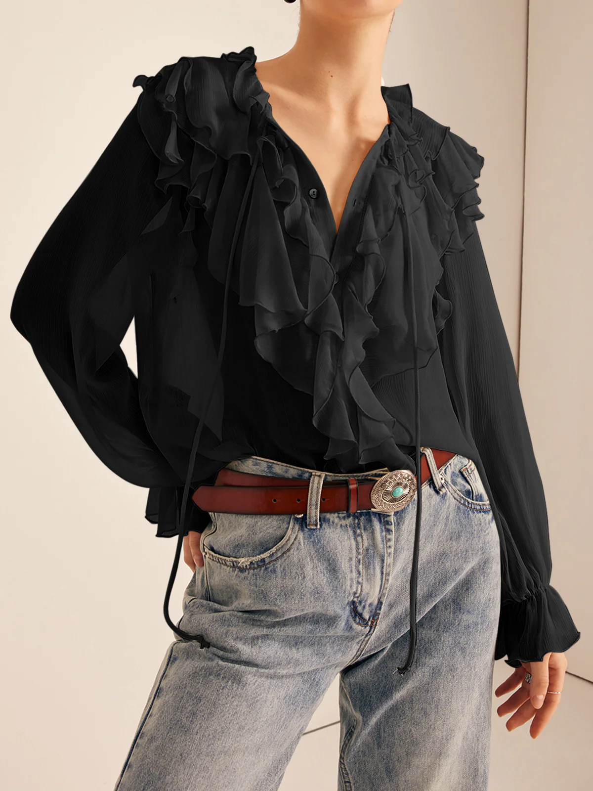 Semi-Sheer Ruffle Chiffon Breasted Blouse - Image 8