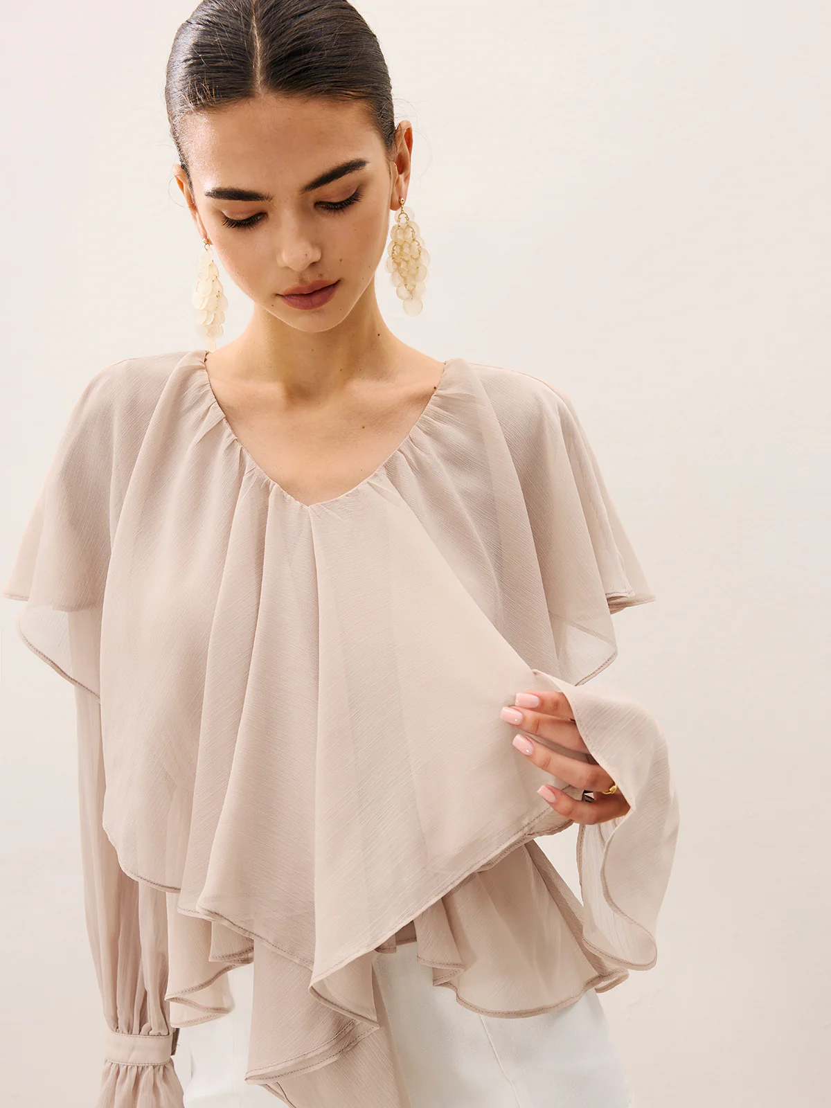 Semi-Sheer Ruffle Layered Chiffon Blouse - Image 4