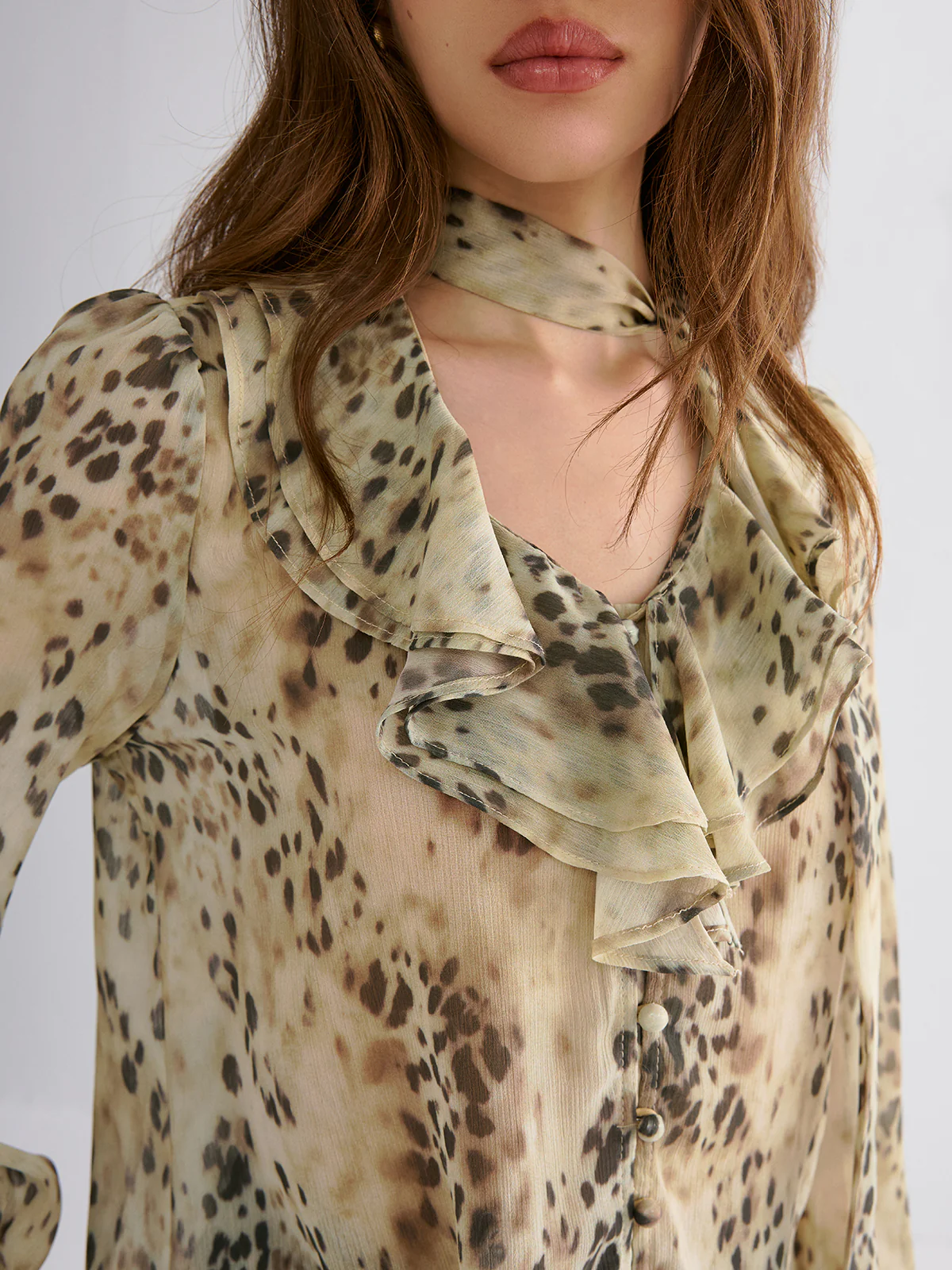 Semi-Sheer Ruffle Leopard Print Blouse - Image 2
