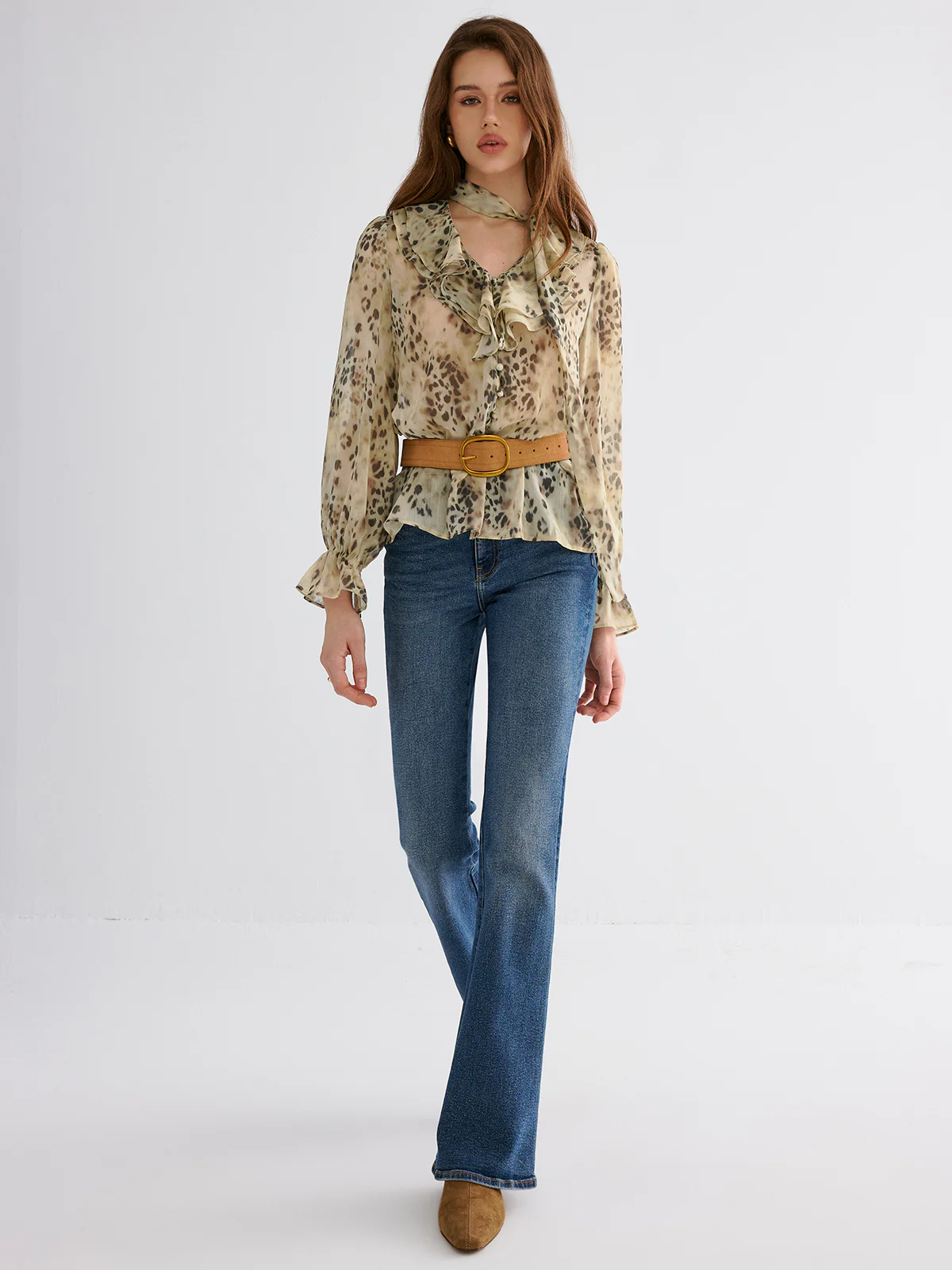 Semi-Sheer Ruffle Leopard Print Blouse - Image 3