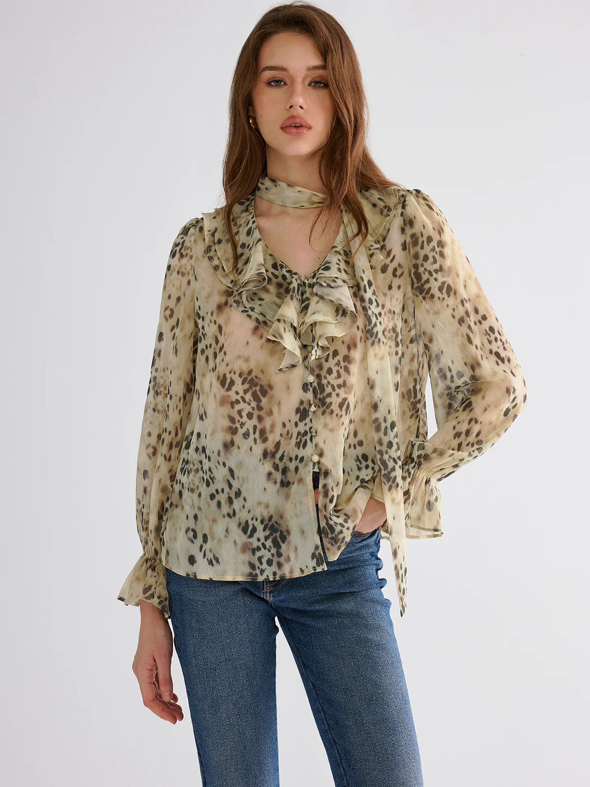 Semi-Sheer Ruffle Leopard Print Blouse - Image 4