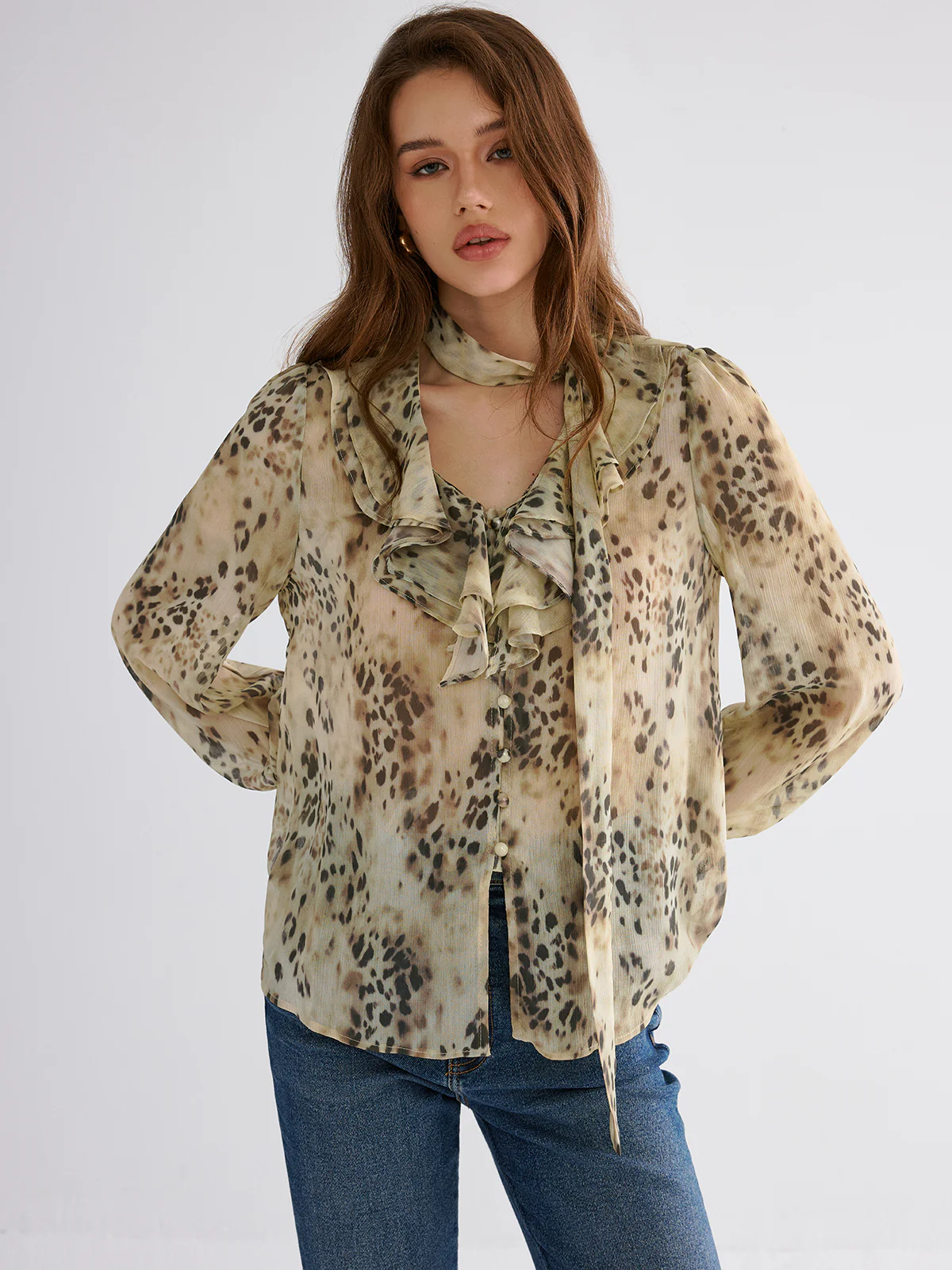 Semi-Sheer Ruffle Leopard Print Blouse - Image 5
