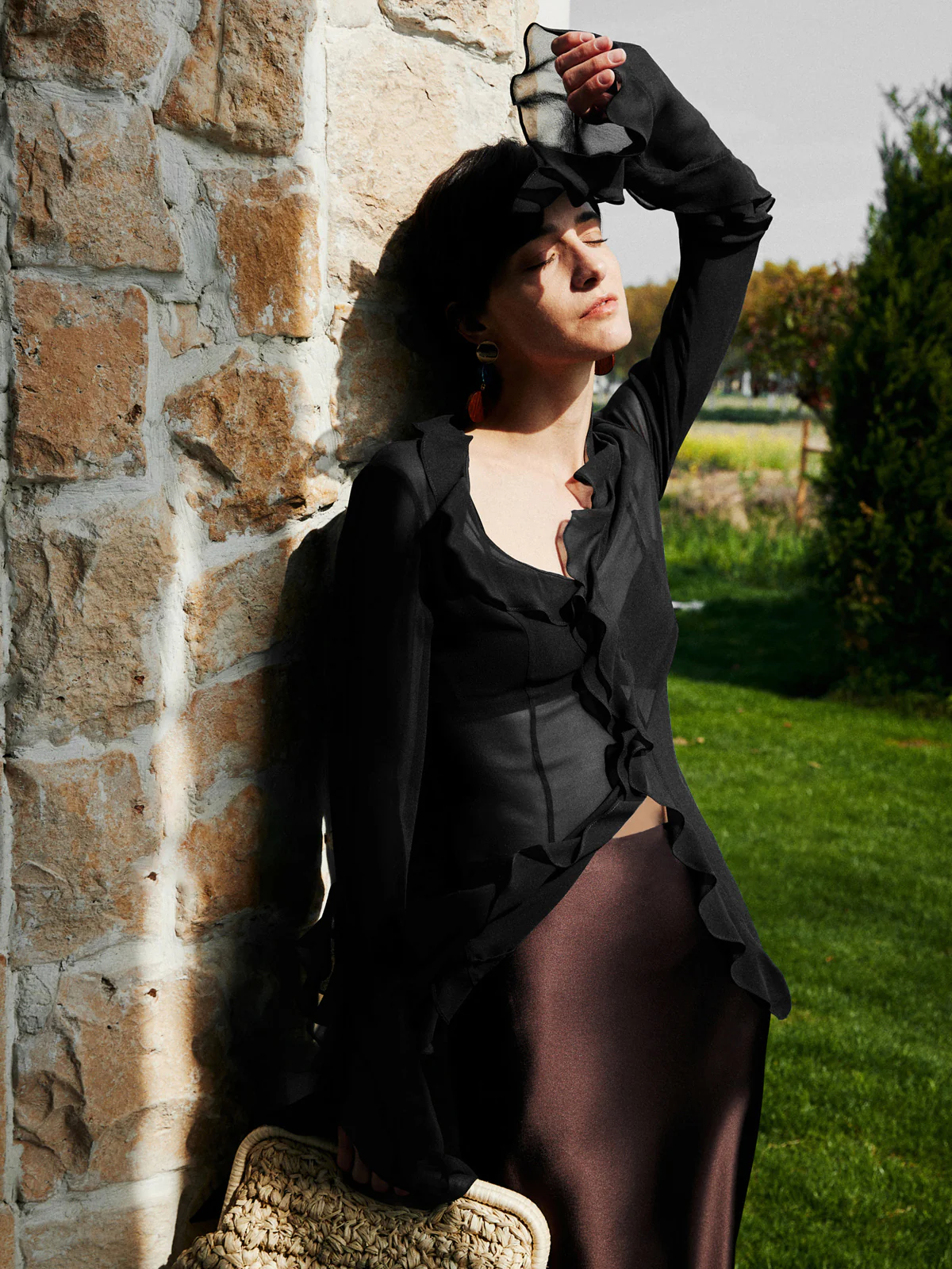 Semi-Sheer Ruffle Split Thin Blouse - Image 2