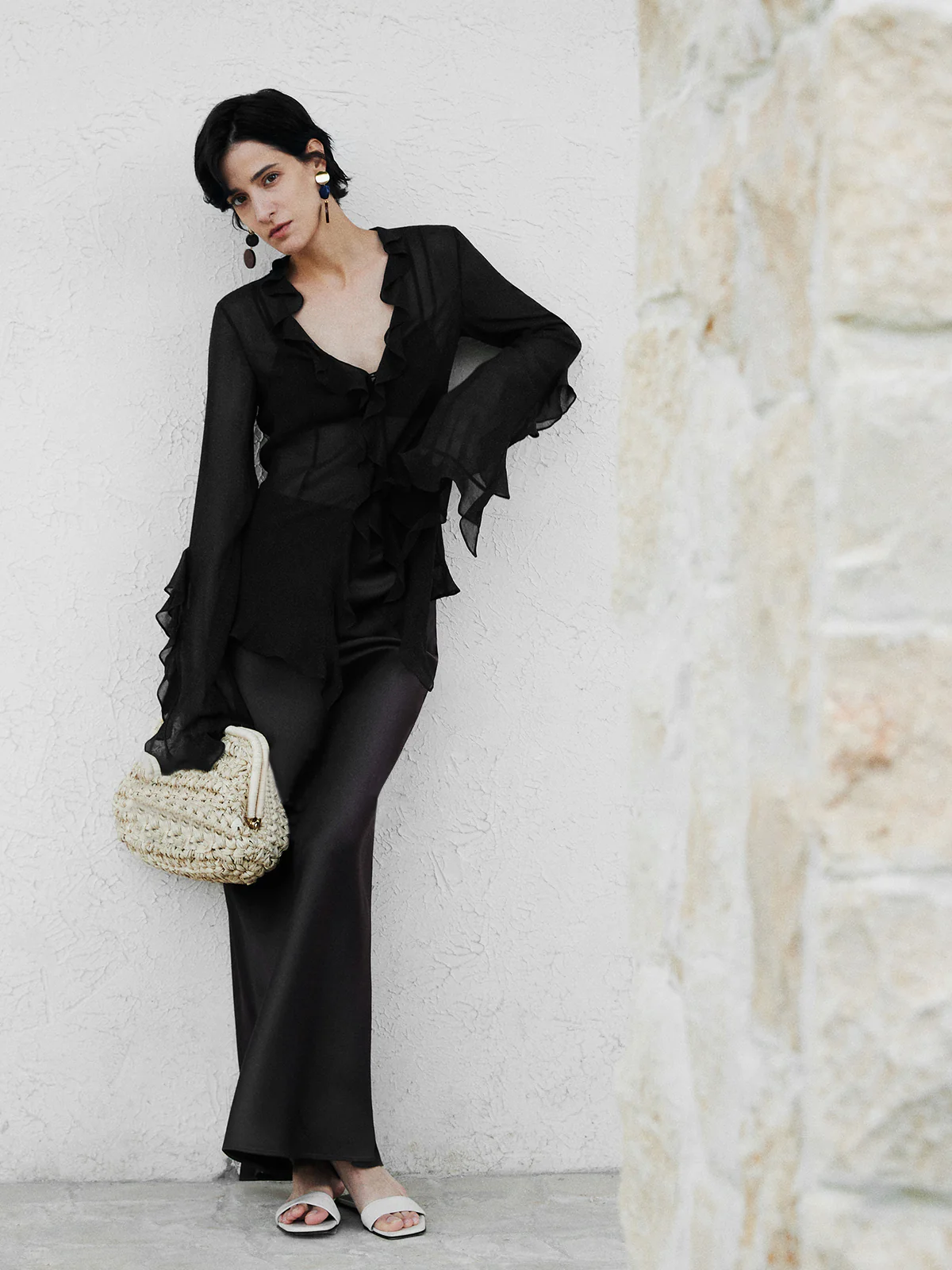 Semi-Sheer Ruffle Split Thin Blouse - Image 5
