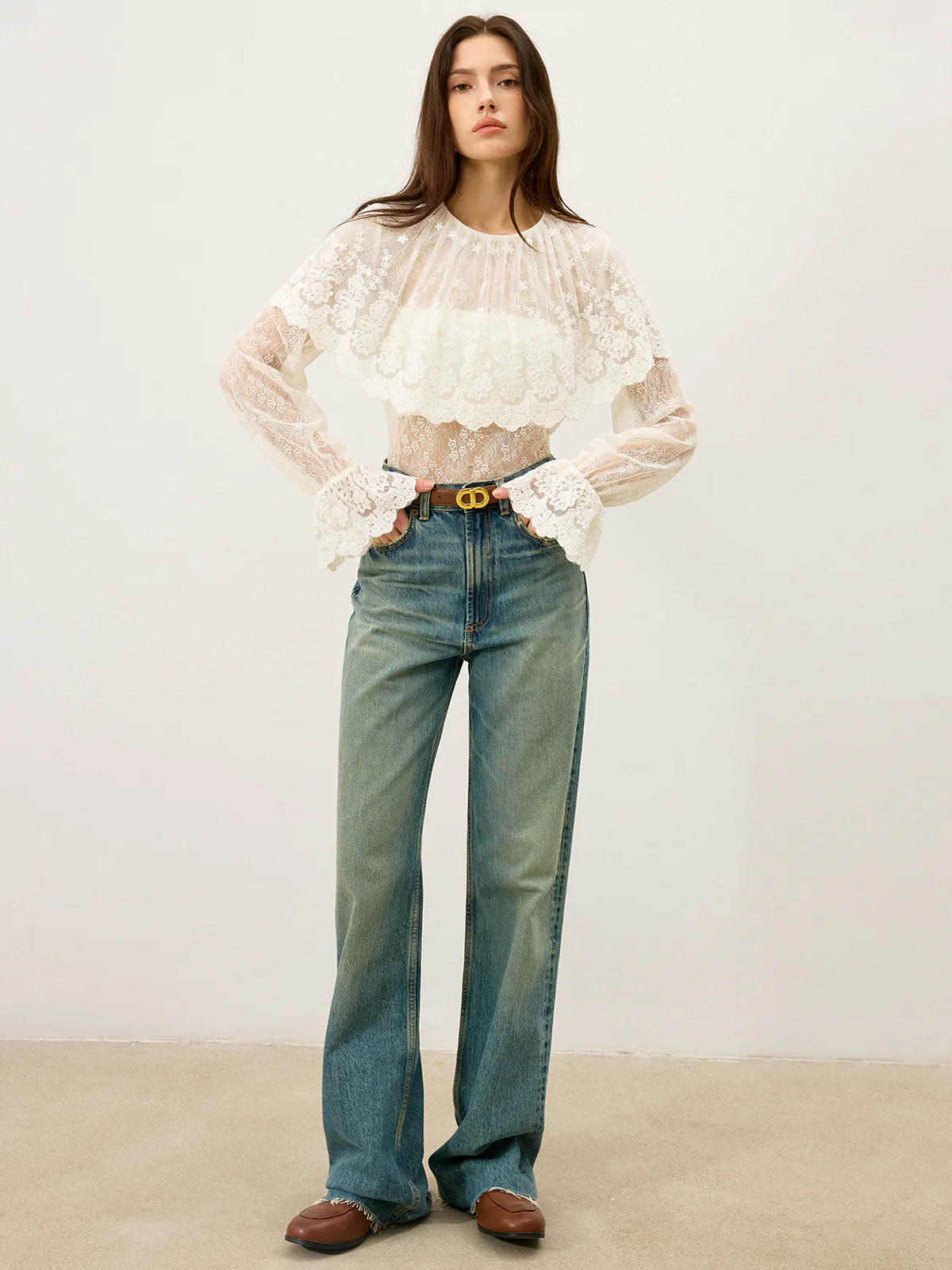 Semi-Sheer Ruffle-Trimmed Lace Flared-Sleeve Blouse - Image 2