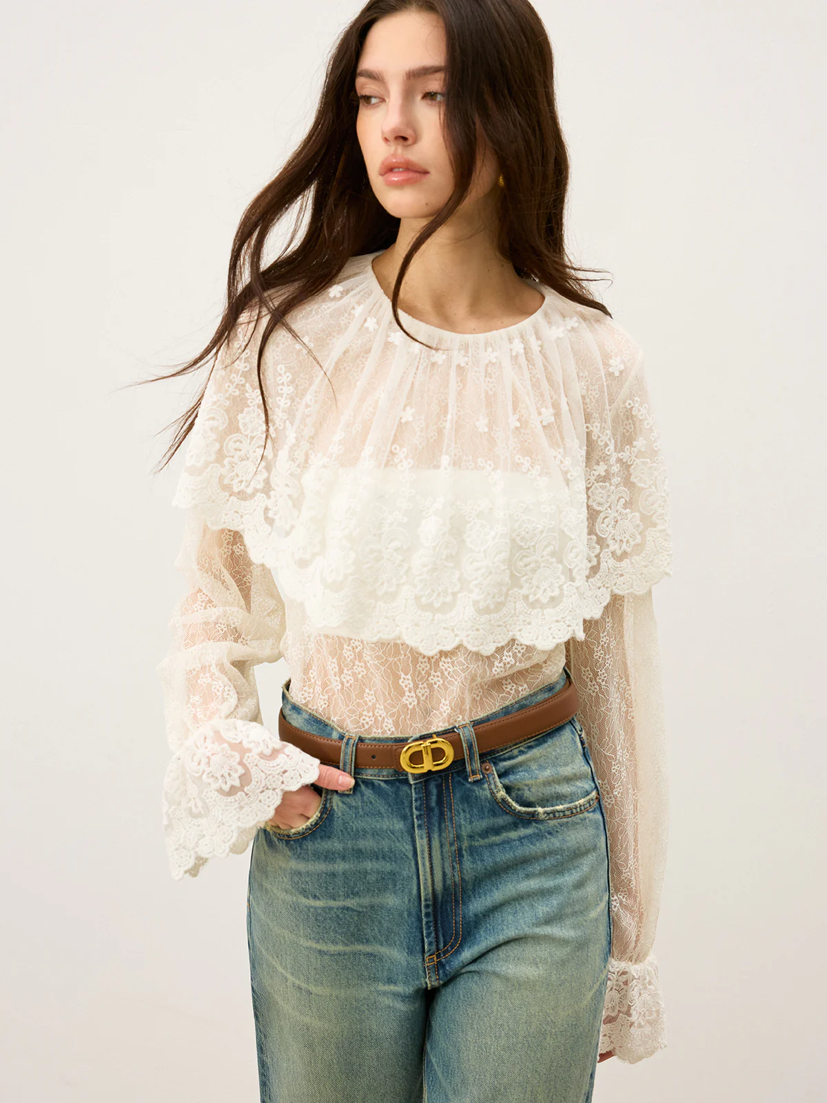 Semi-Sheer Ruffle-Trimmed Lace Flared-Sleeve Blouse - Image 3