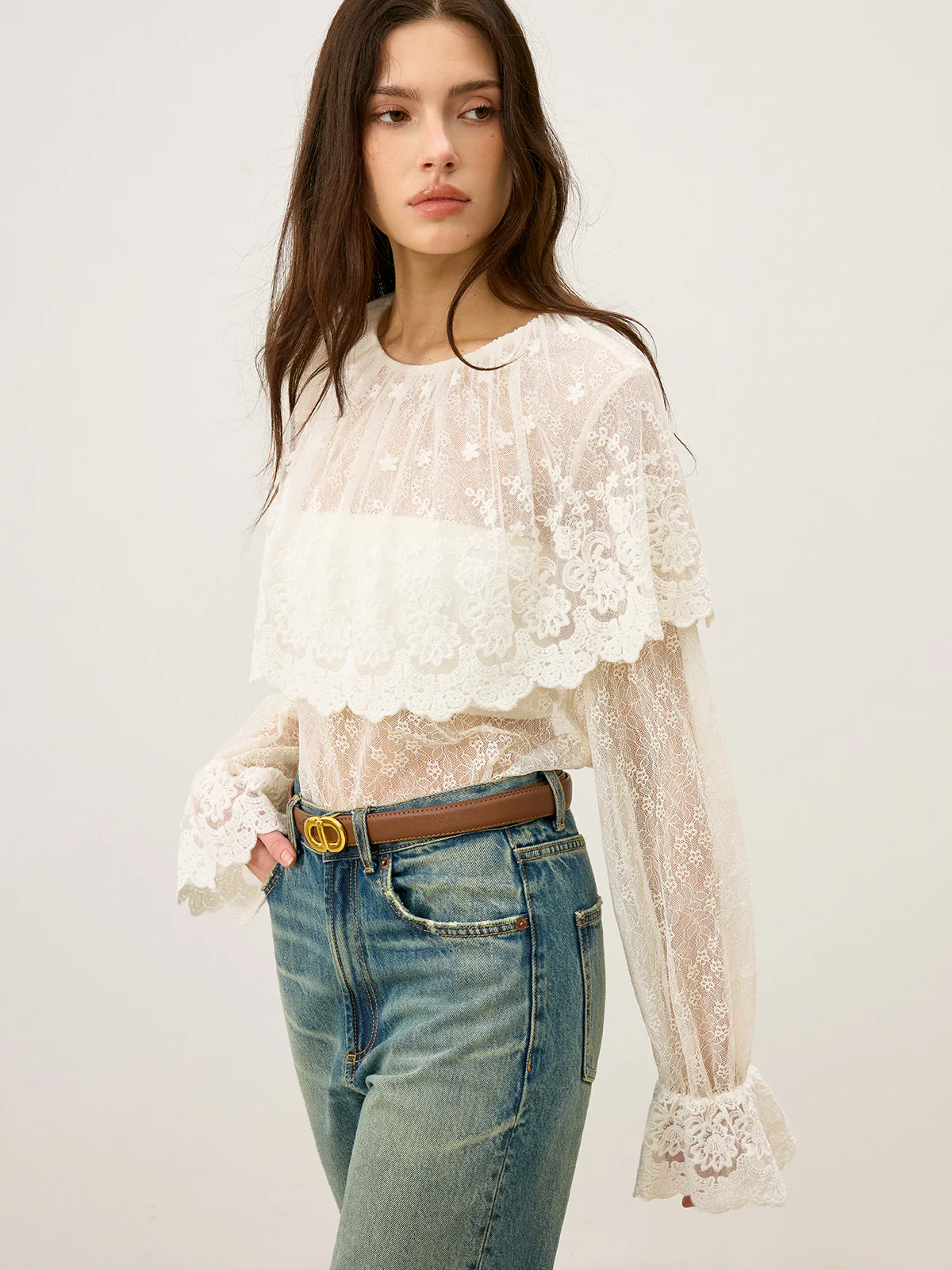Semi-Sheer Ruffle-Trimmed Lace Flared-Sleeve Blouse - Image 4