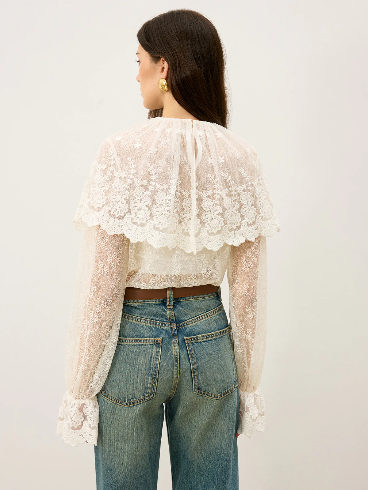 Semi-Sheer Ruffle-Trimmed Lace Flared-Sleeve Blouse - Image 6