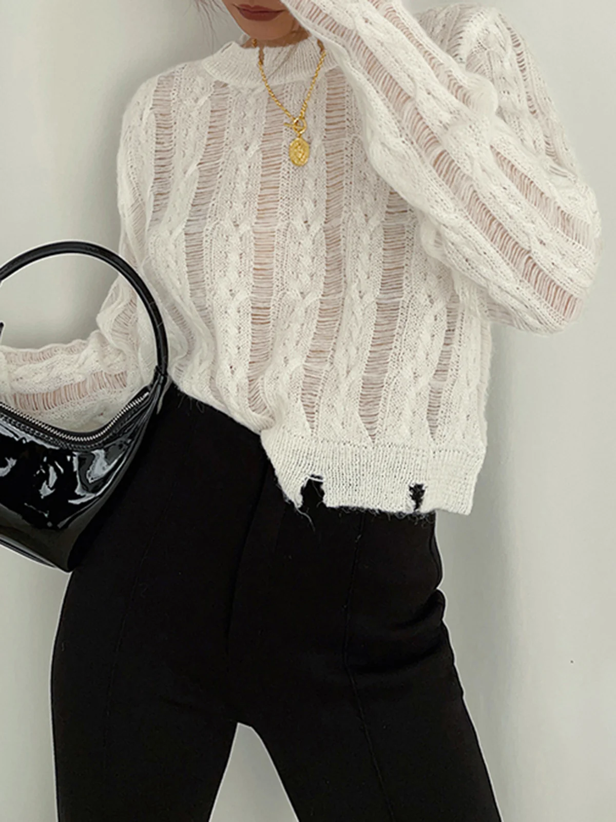 Semi-Sheer Snowflake Crochet Knit Shirt - Image 2