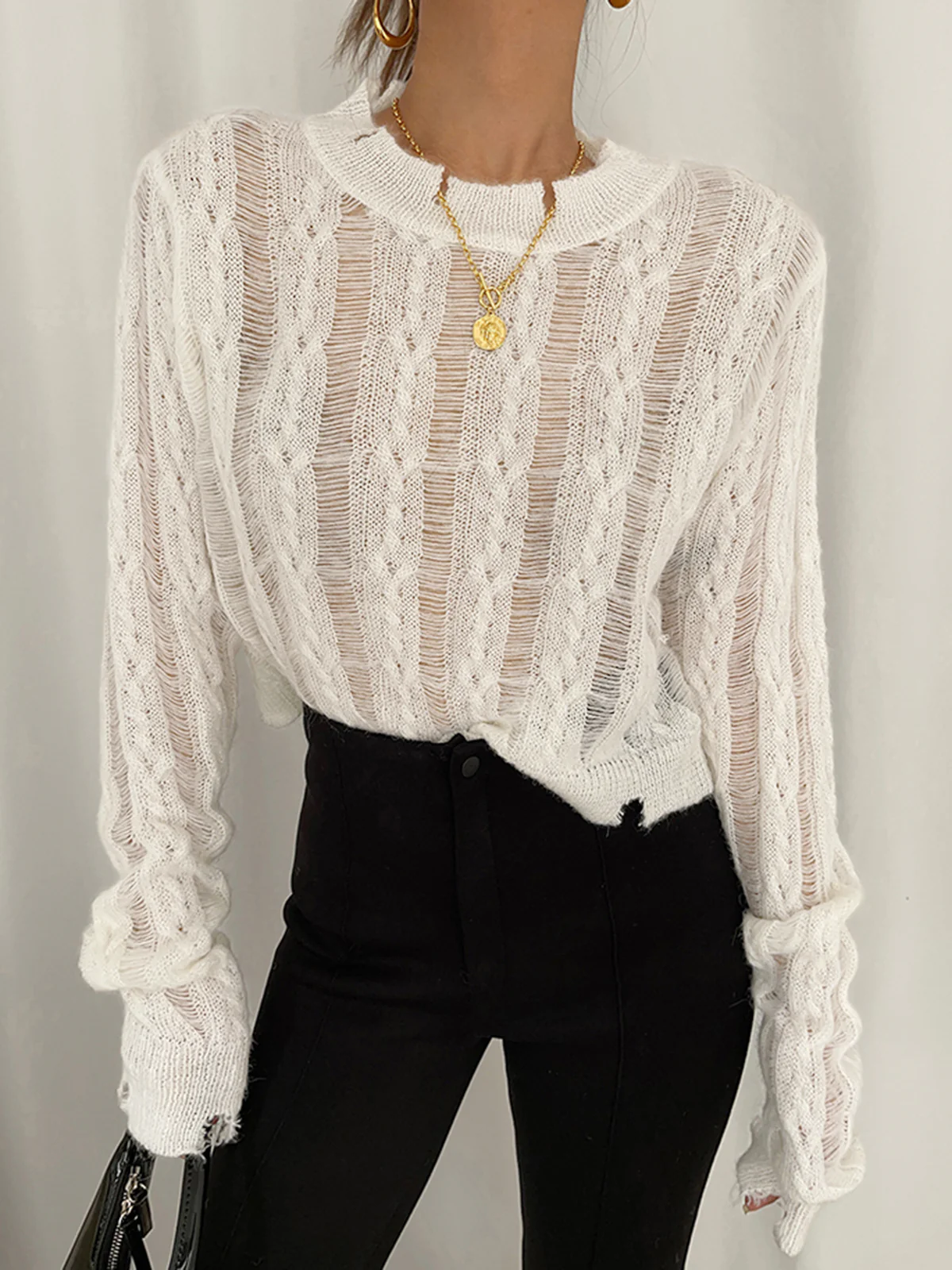 Semi-Sheer Snowflake Crochet Knit Shirt - Image 3