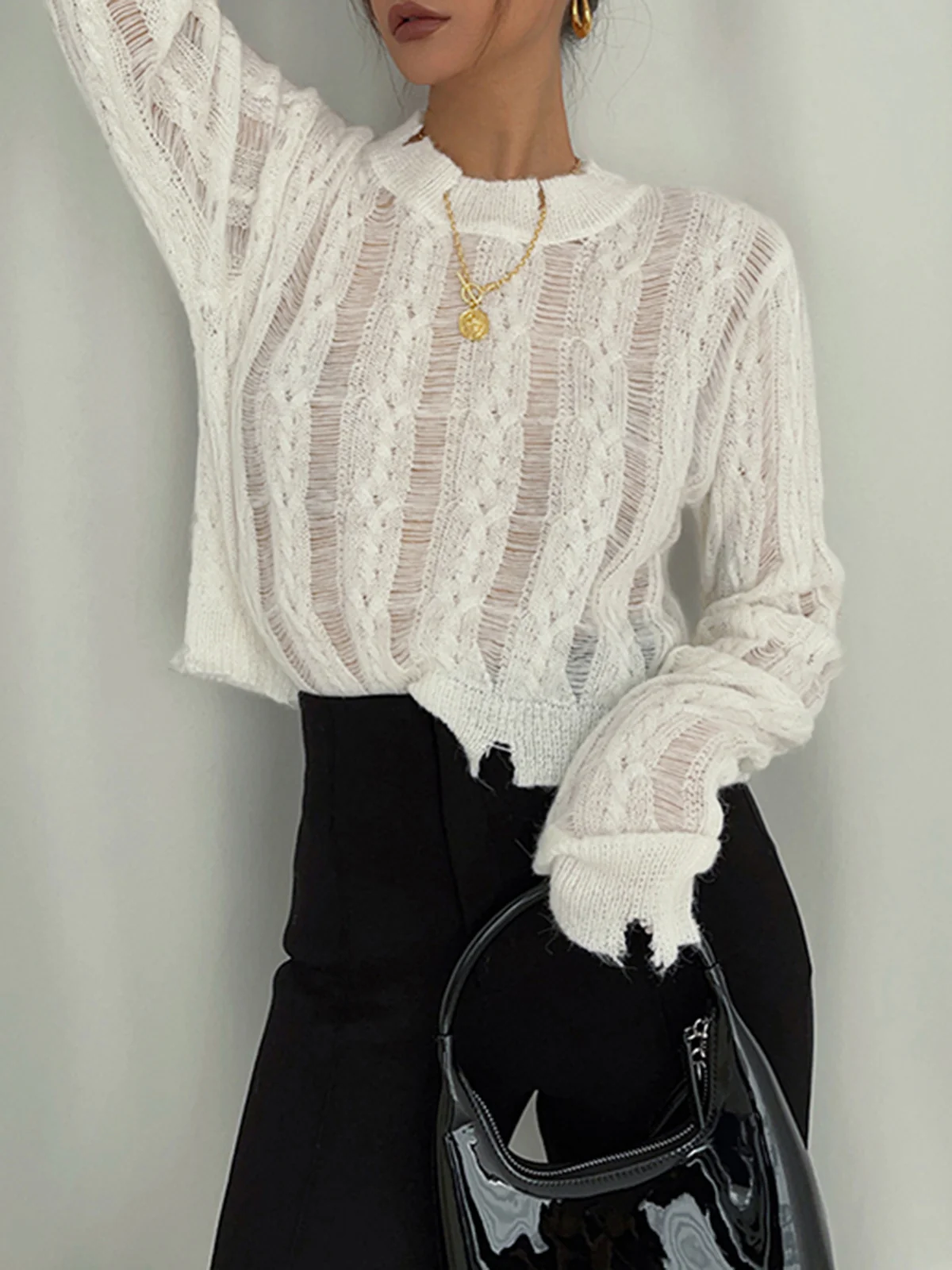 Semi-Sheer Snowflake Crochet Knit Shirt - Image 4