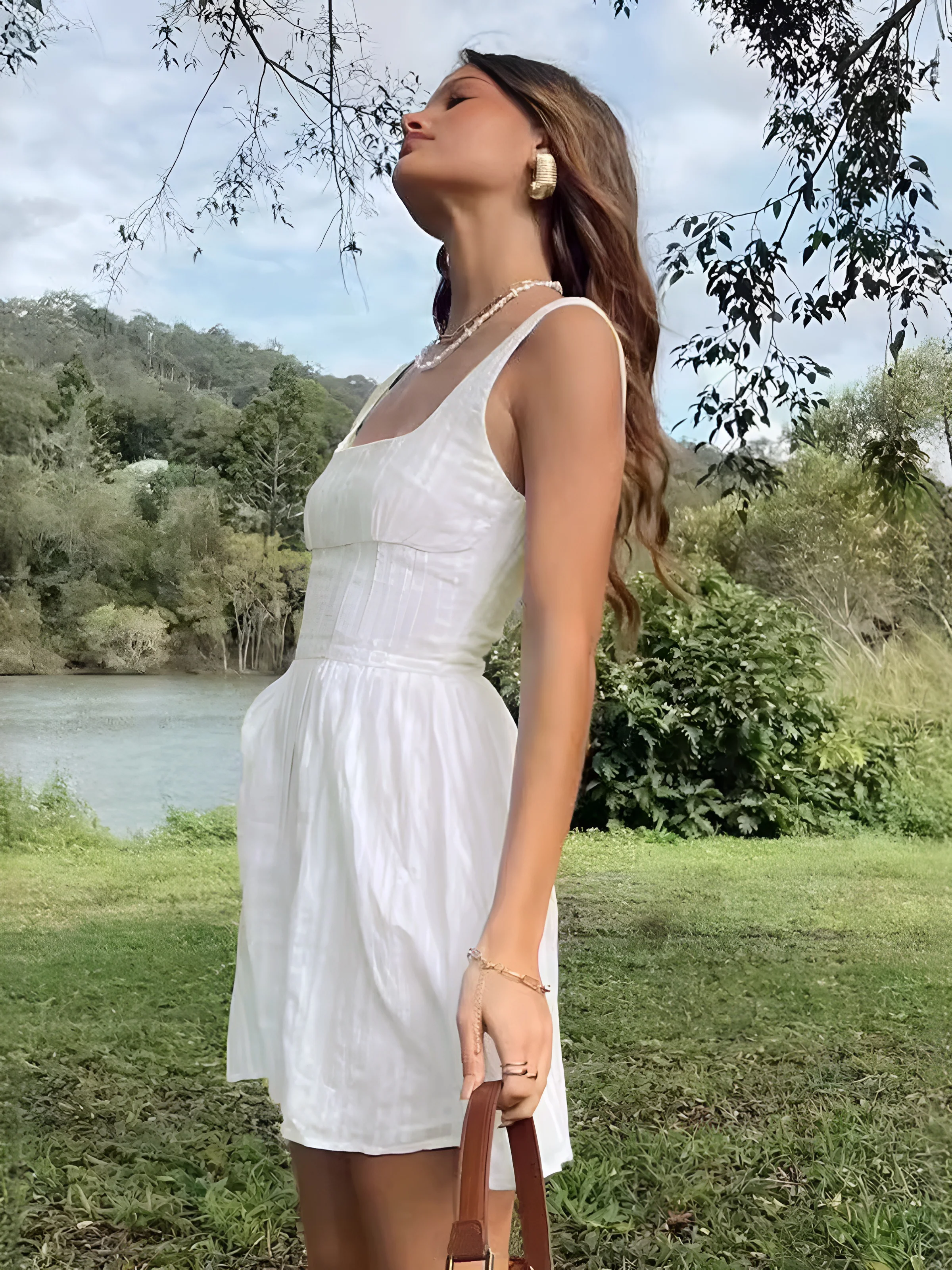 Semi-Sheer Solid Square Neckline Short Dress - Image 3