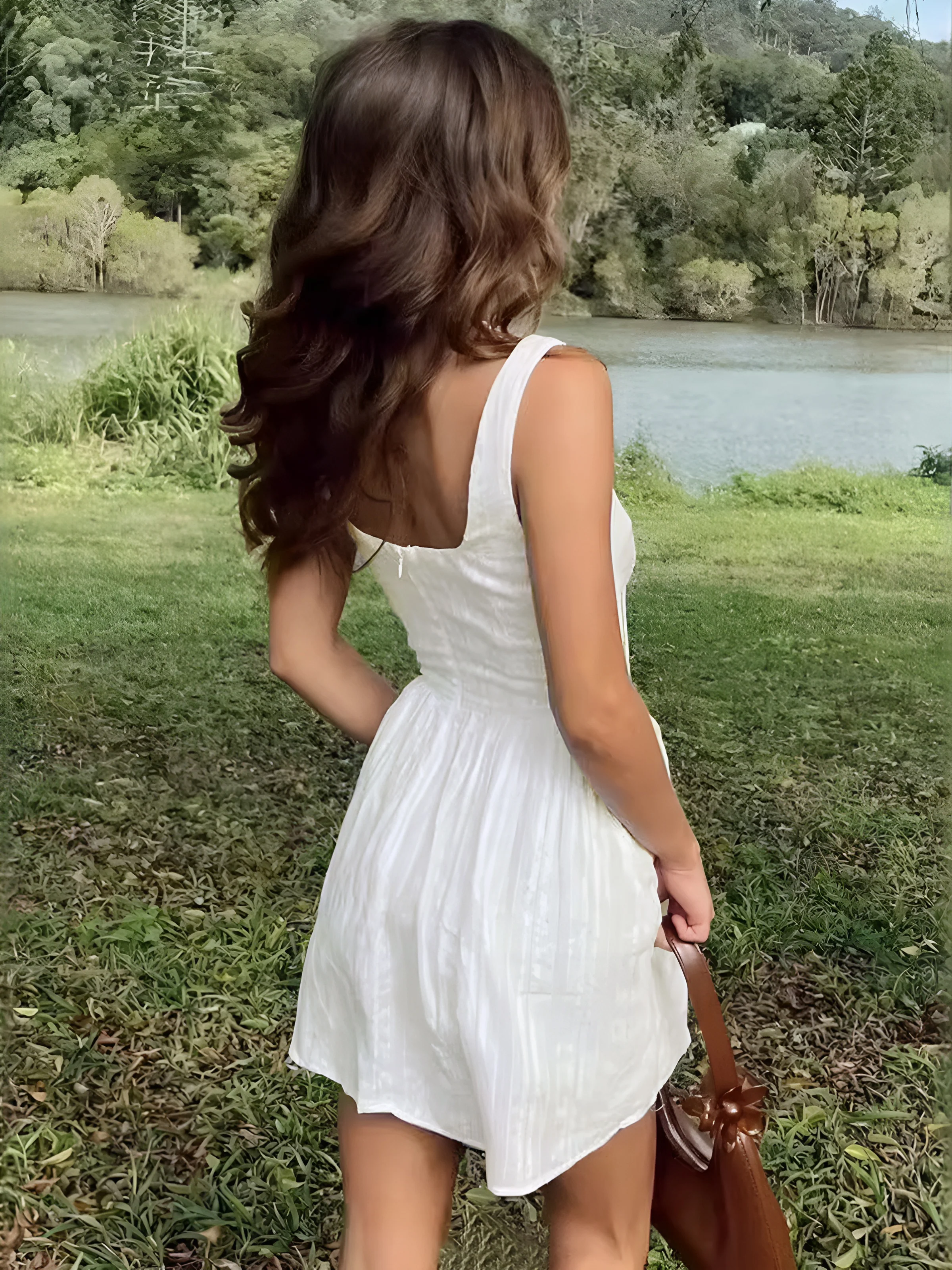Semi-Sheer Solid Square Neckline Short Dress - Image 4