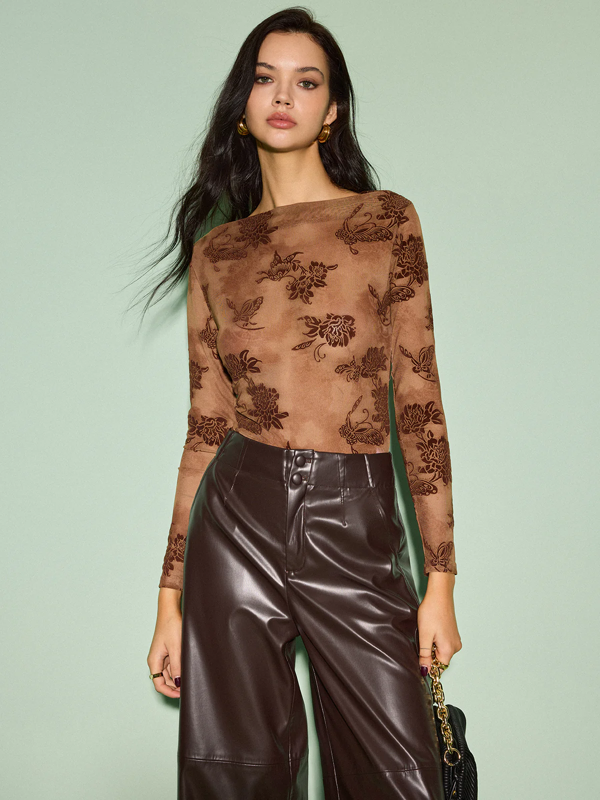 Semi-Sheer Straight Neck Velvet Floral T-Shirt - Image 3