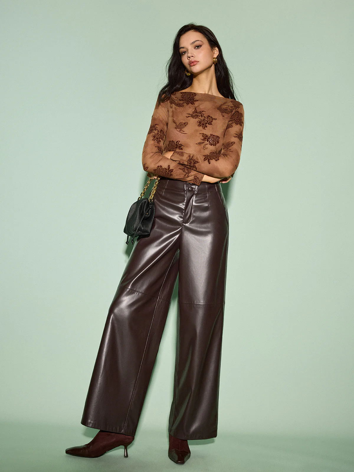 Semi-Sheer Straight Neck Velvet Floral T-Shirt - Image 5