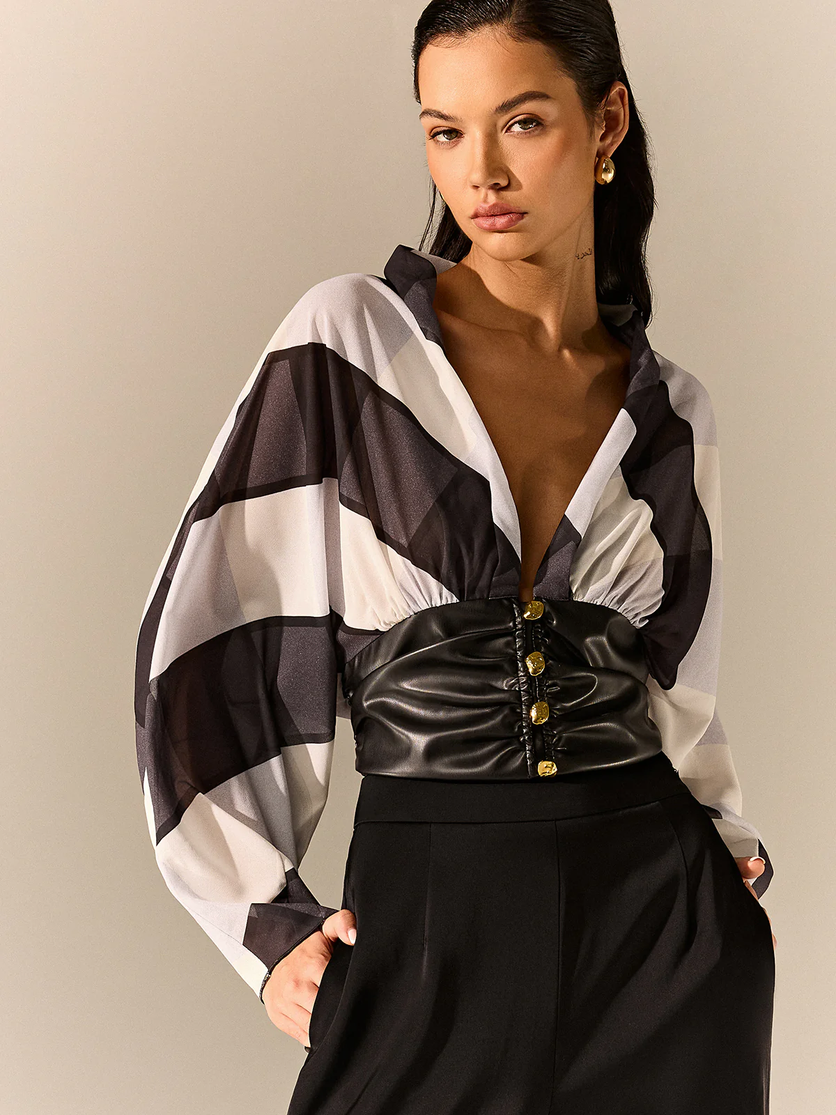 Semi-Sheer Striped Panel Faux Leather Top - Image 2