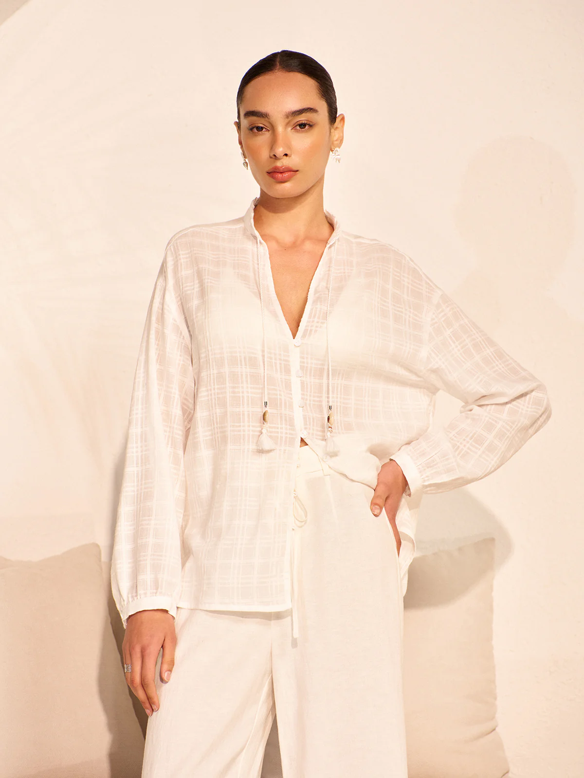 Semi-Sheer Tassel Tie Shirt - Image 2