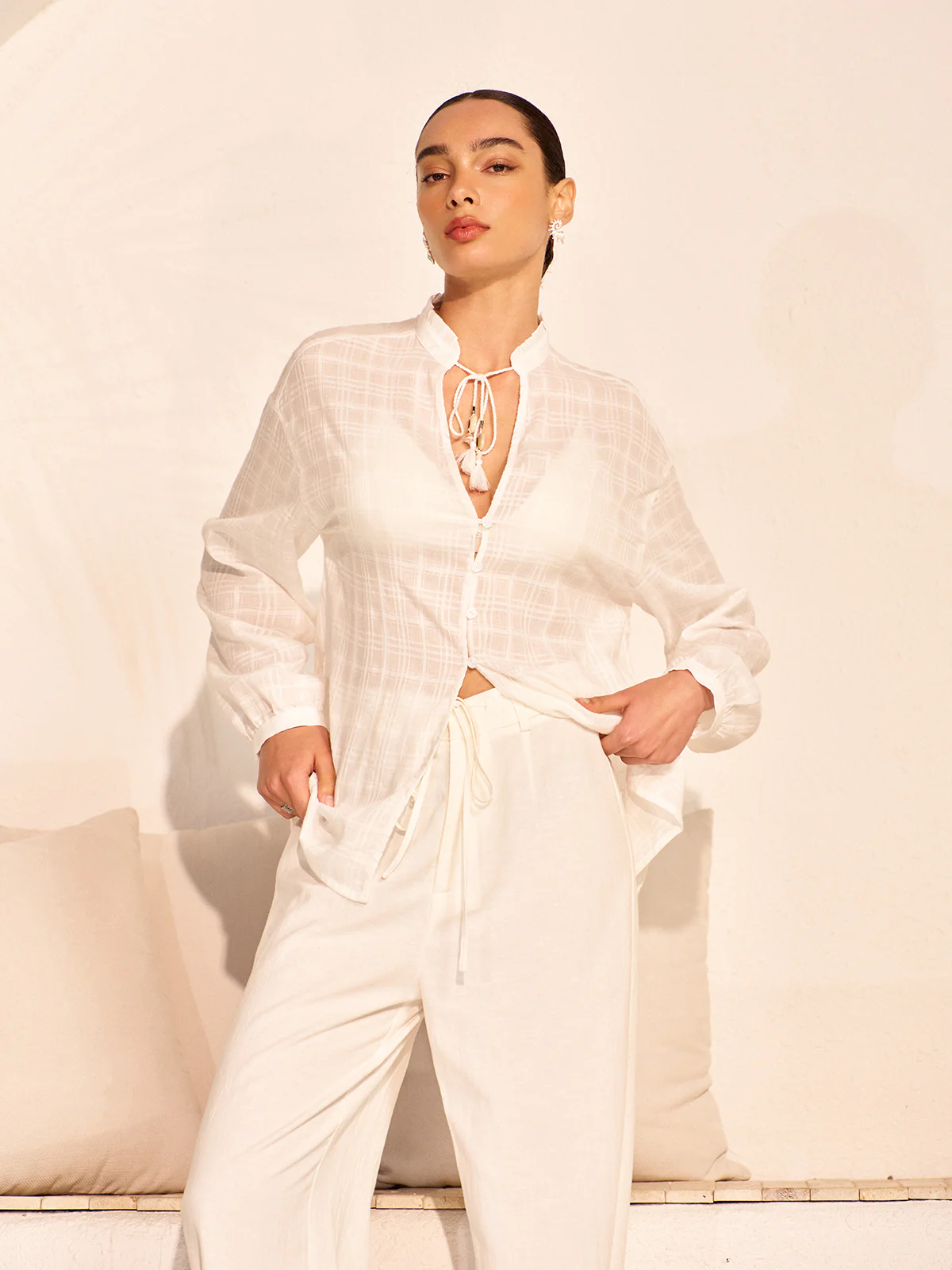 Semi-Sheer Tassel Tie Shirt - Image 4
