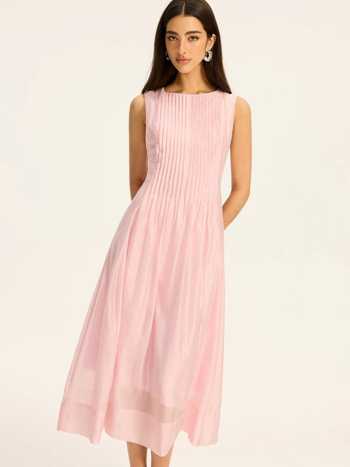 Semi-Sheer Tencel Pleated Sleeveless Midi Dress - Image 3