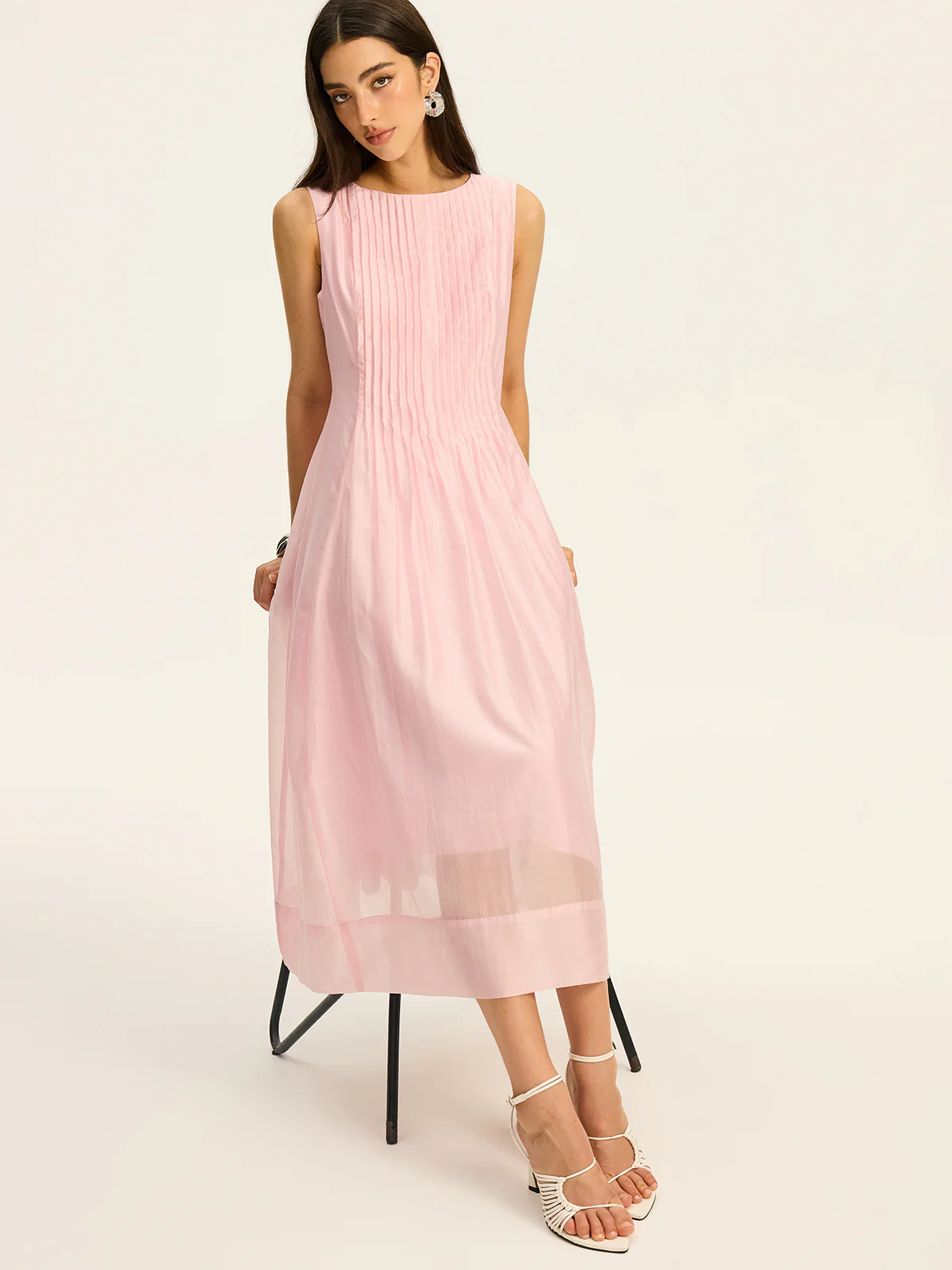 Semi-Sheer Tencel Pleated Sleeveless Midi Dress - Image 5