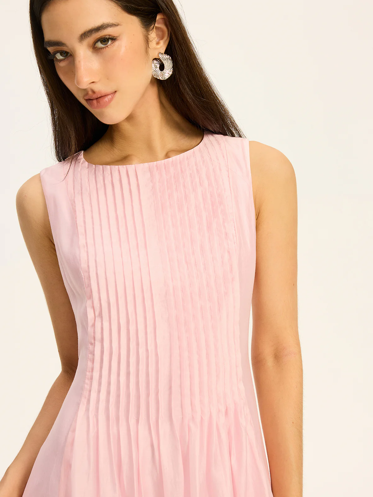 Semi-Sheer Tencel Pleated Sleeveless Midi Dress - Image 6