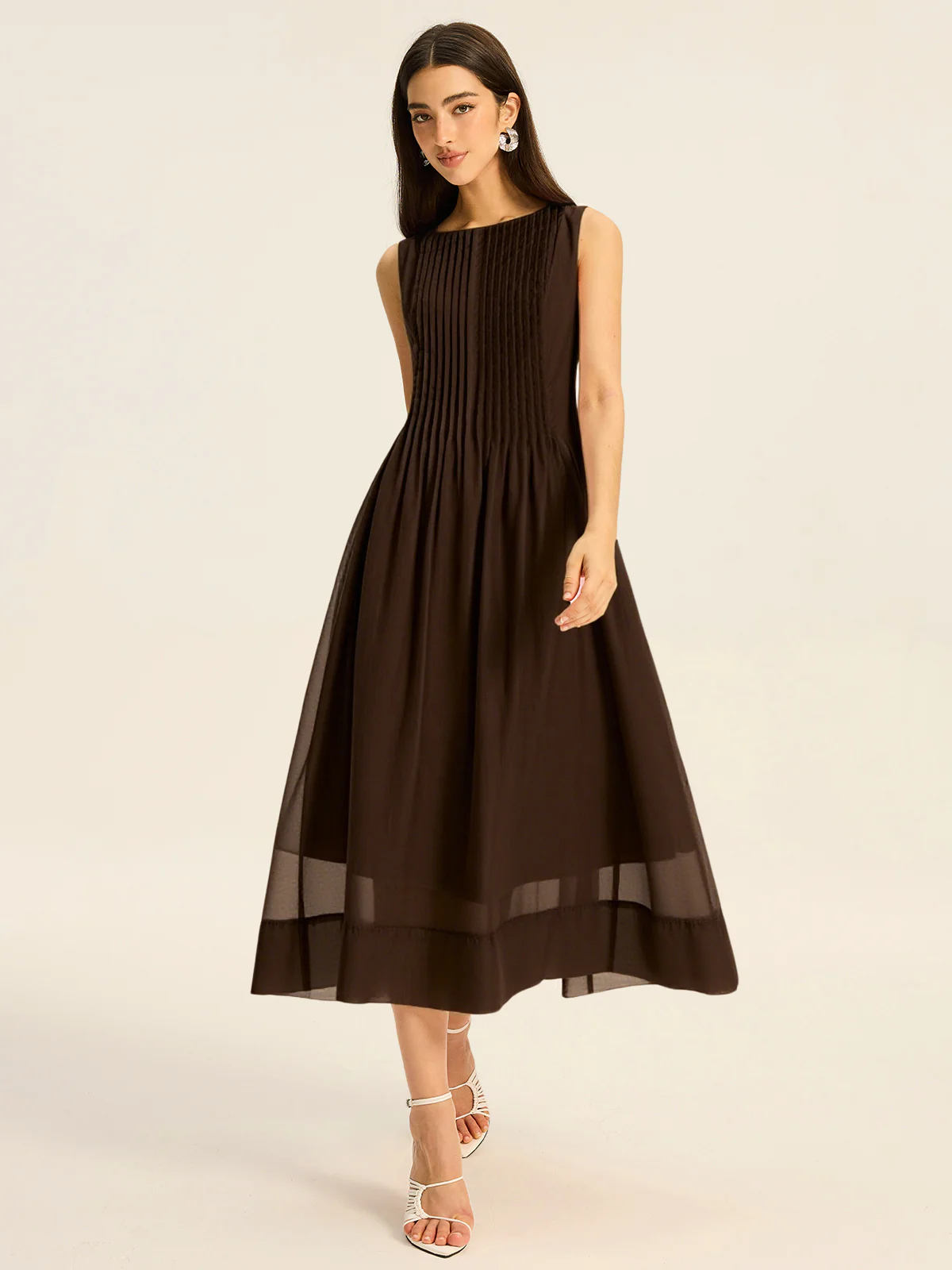 Semi-Sheer Tencel Pleated Sleeveless Midi Dress - Image 9