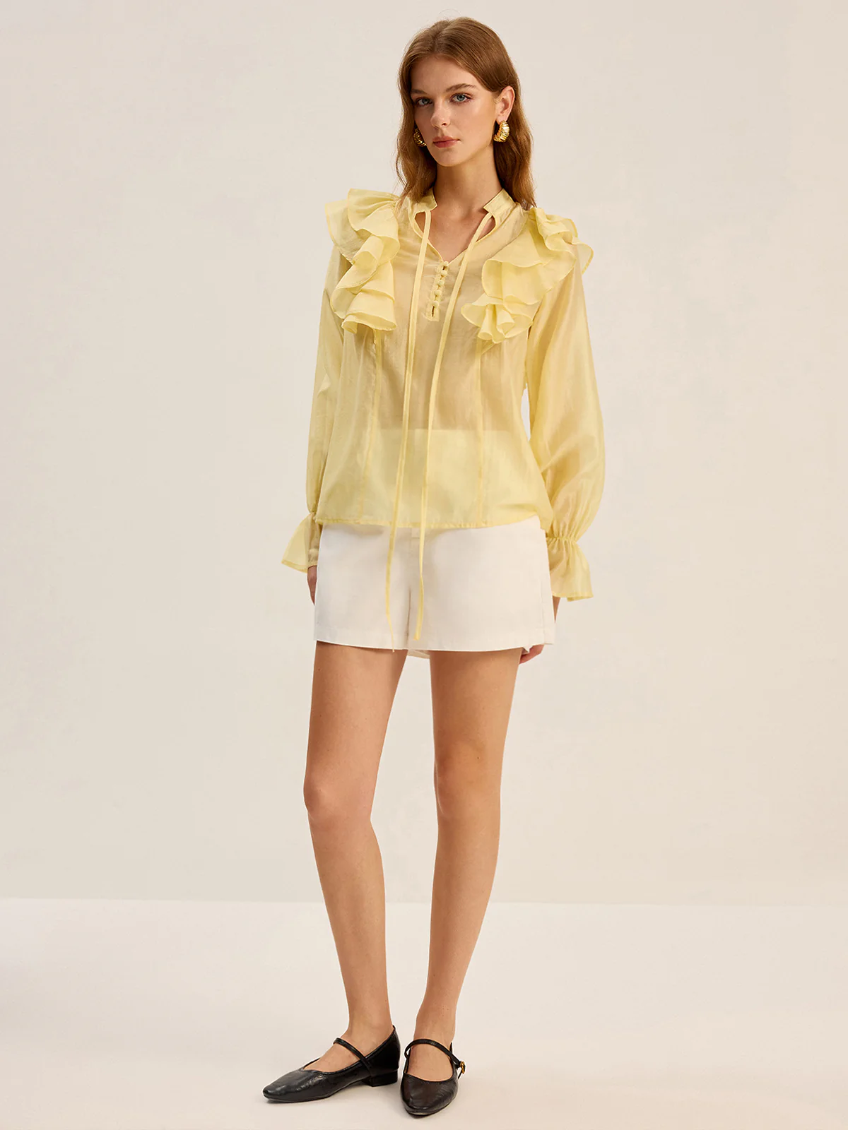 Semi-Sheer Tencel Ruffle Tie Neck Blouse - Image 2