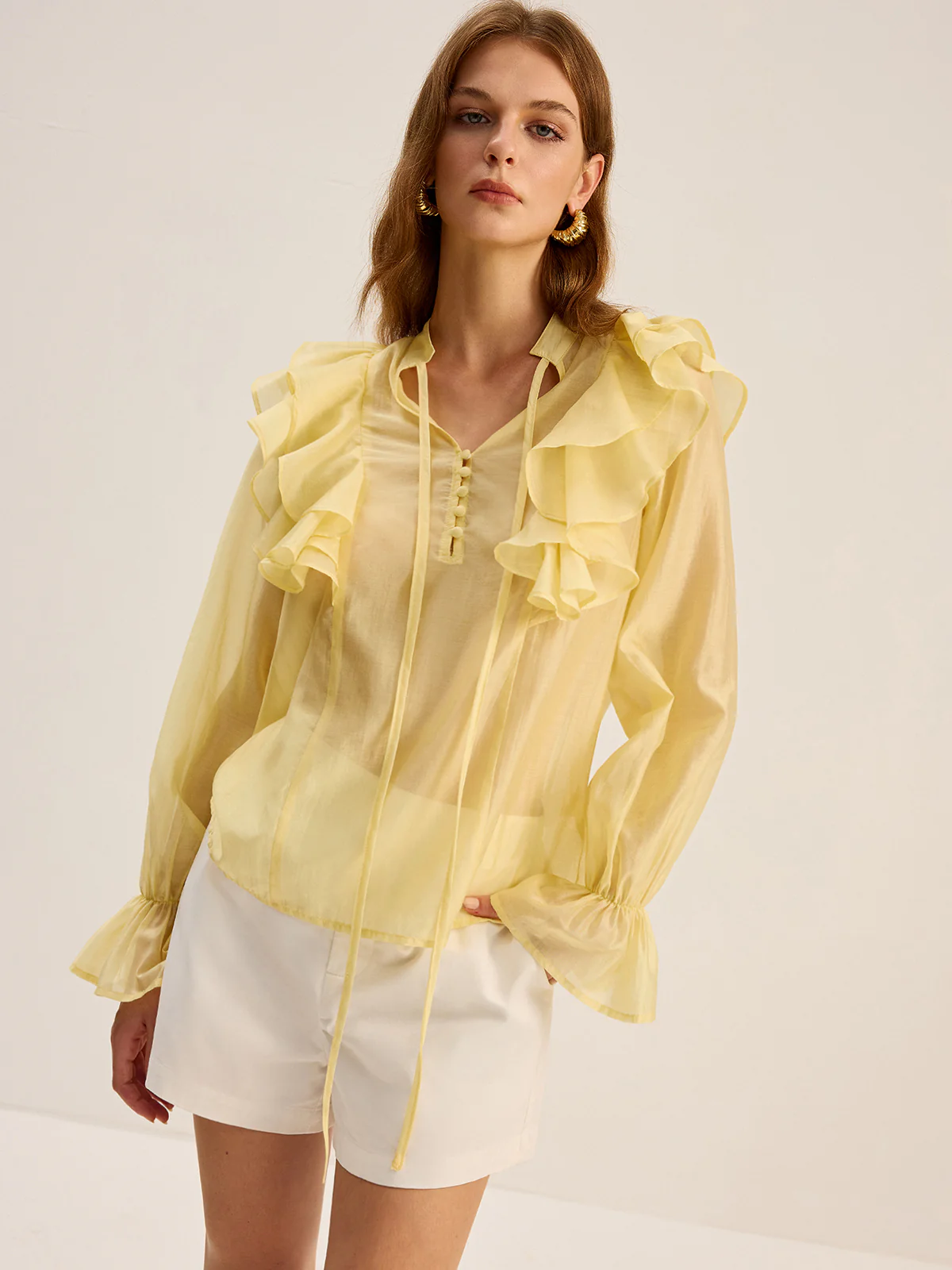 Semi-Sheer Tencel Ruffle Tie Neck Blouse - Image 3