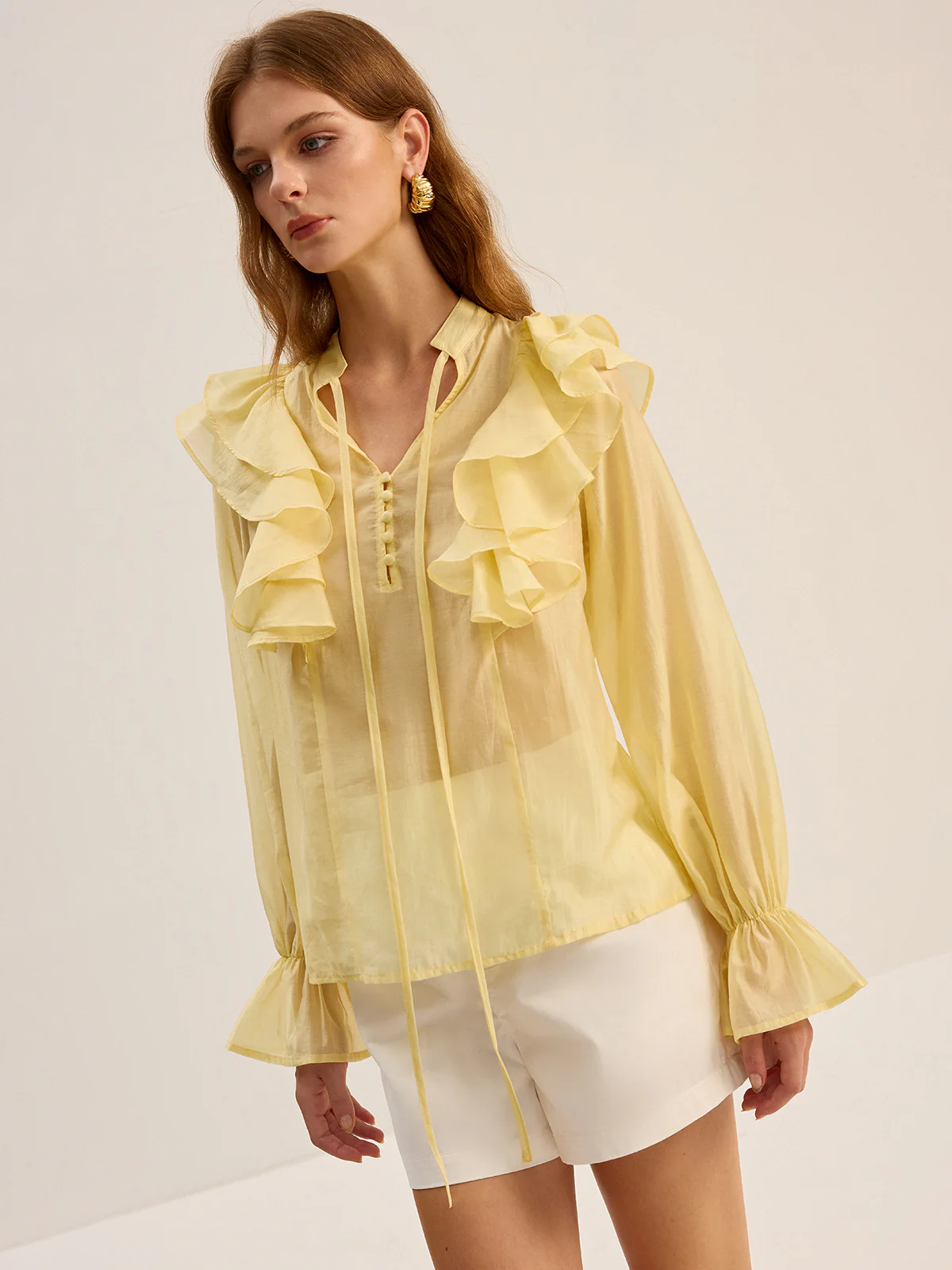Semi-Sheer Tencel Ruffle Tie Neck Blouse - Image 4