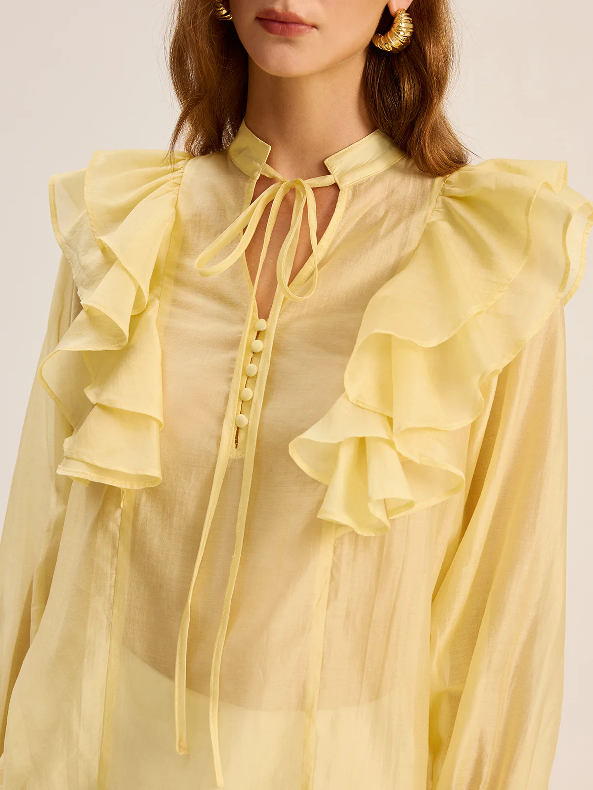Semi-Sheer Tencel Ruffle Tie Neck Blouse - Image 5