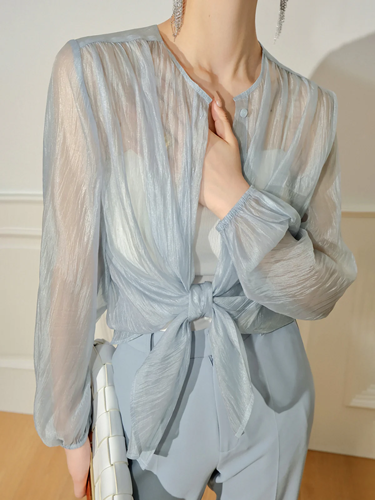 Semi-Sheer Through Long Sleeve Button Blouse - Image 3