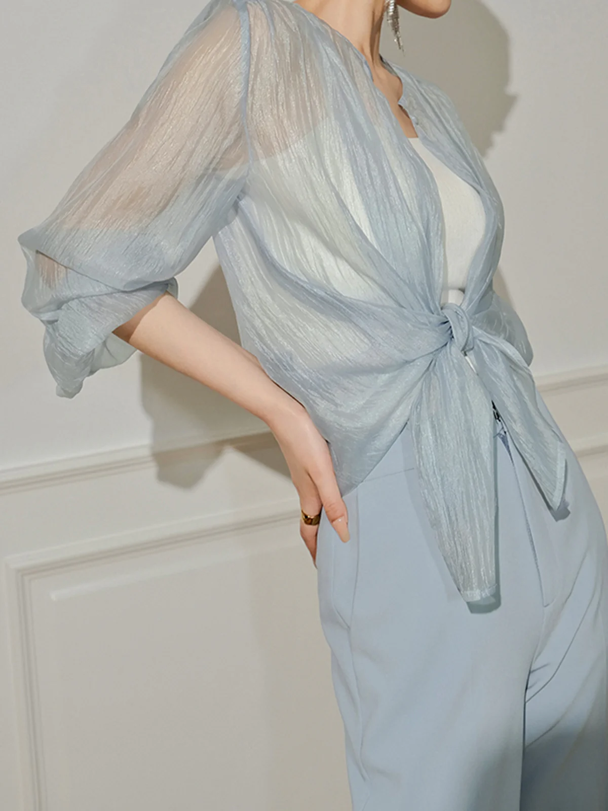 Semi-Sheer Through Long Sleeve Button Blouse - Image 4