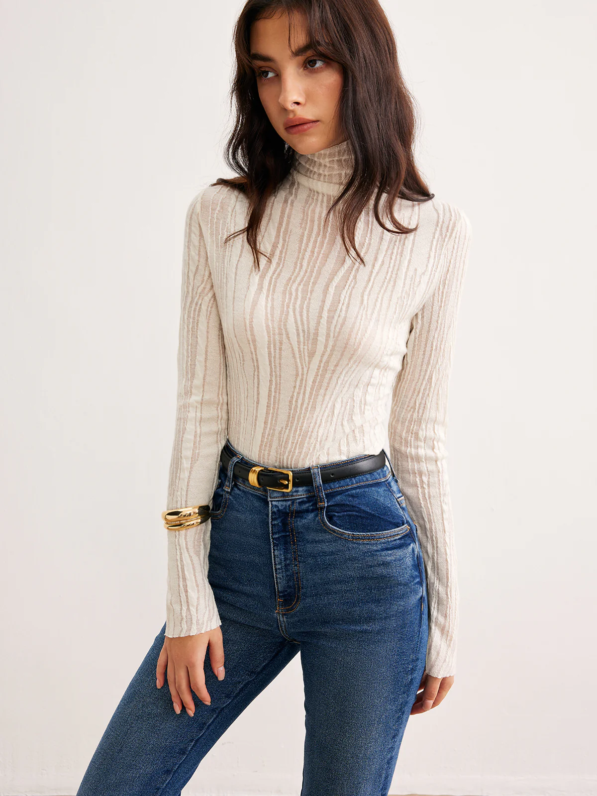 Semi-Sheer Turtleneck Slim T-Shirt - Image 2