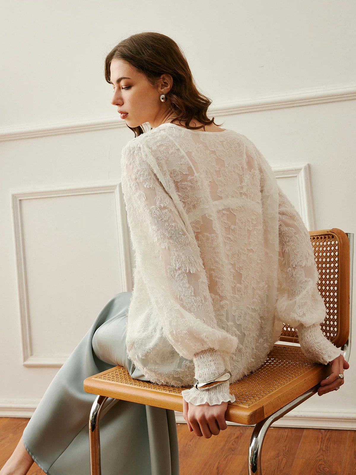 Semi-Sheer V-Neck Lantern Sleeve Embroidered Top - Image 2
