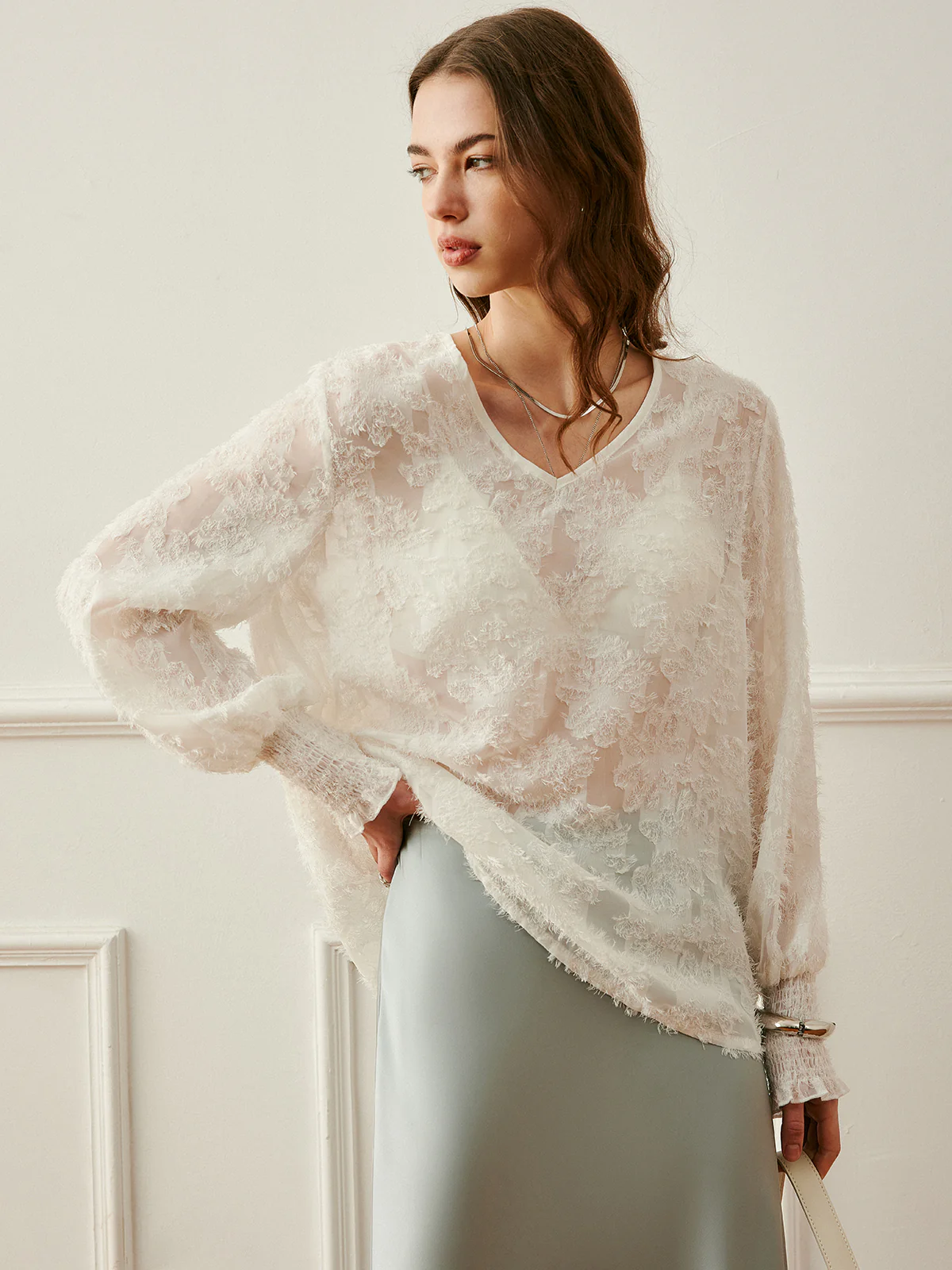 Semi-Sheer V-Neck Lantern Sleeve Embroidered Top - Image 3
