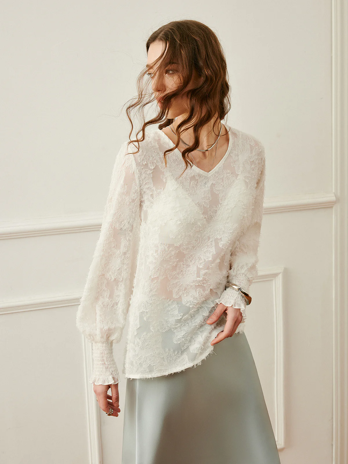 Semi-Sheer V-Neck Lantern Sleeve Embroidered Top - Image 5