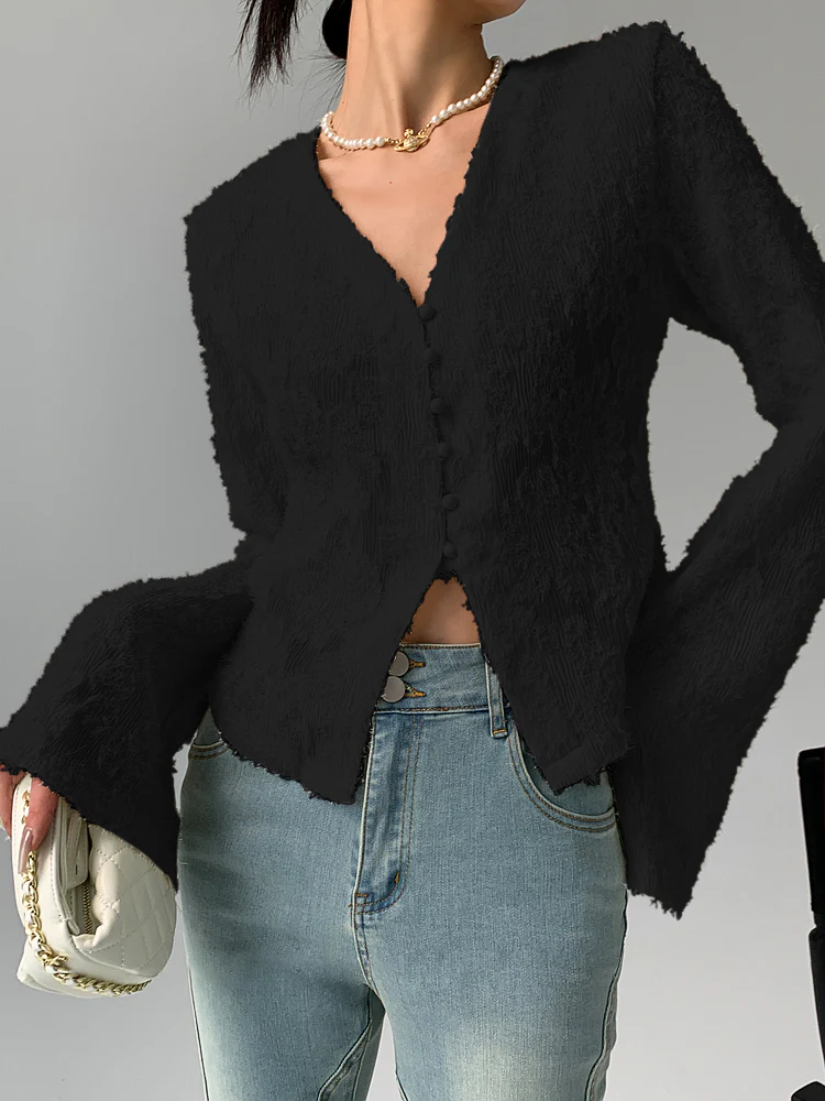 Semi-Sheer V-Neck Ruffle Long Sleeve Blouse - Image 5