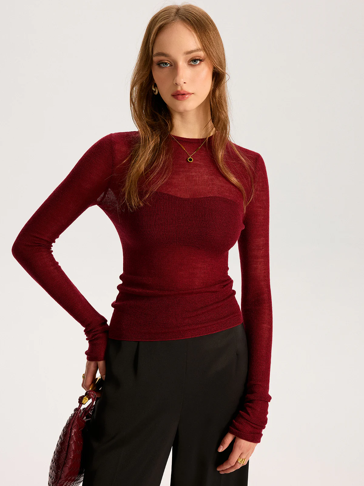 Semi-Sheer Wool-Blend Long Sleeve Knit Top - Image 2