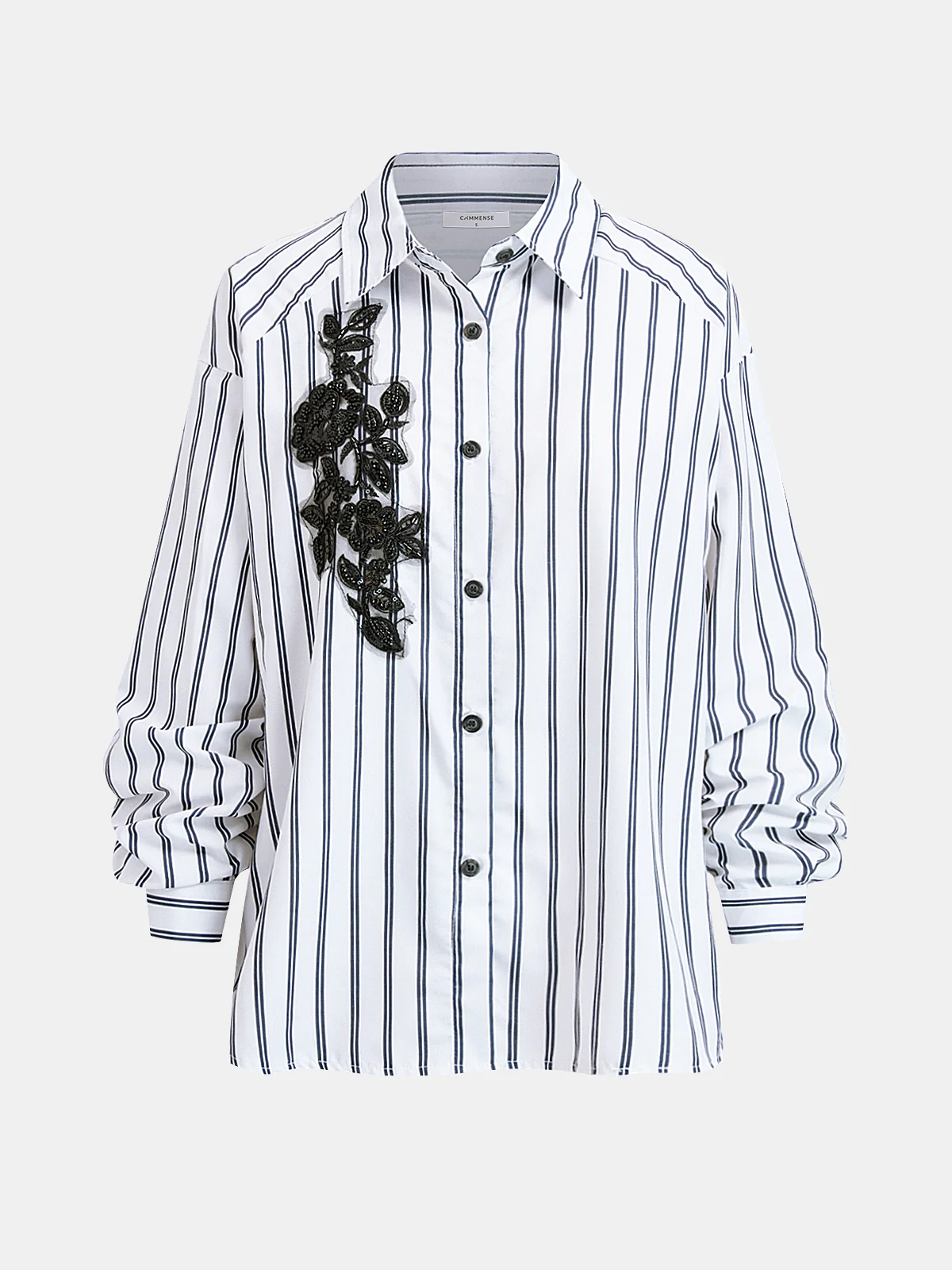 Sequin Floral Applique Striped Shirt