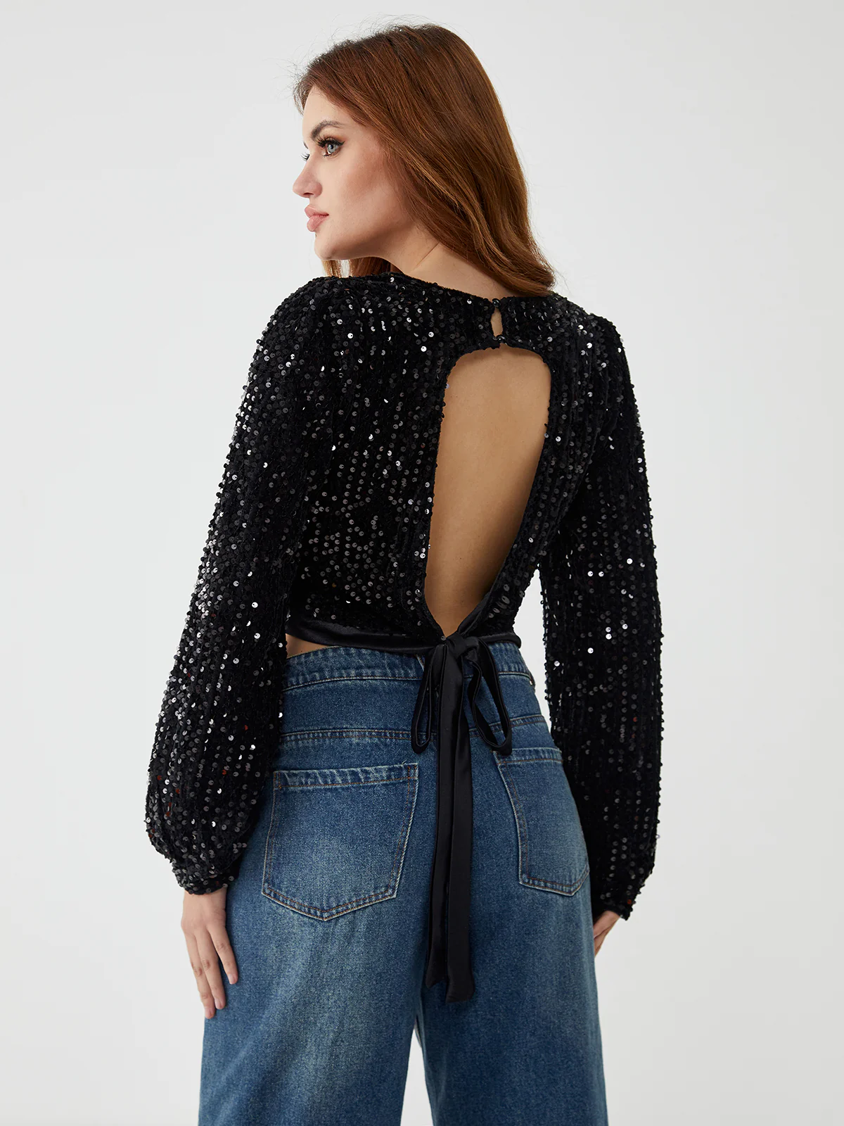 Sequin Long Sleeve Backless Crop Top - Image 2