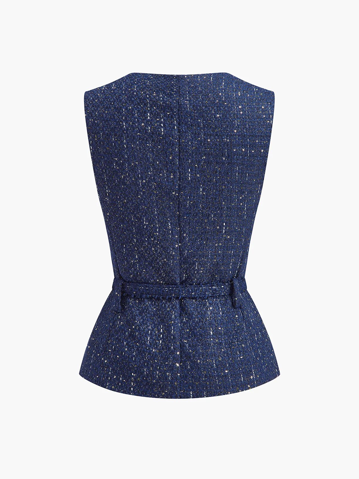 Sequins Button Belted Tweed Vest - Image 4