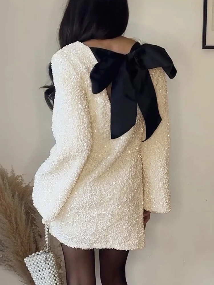 Sequins Velvet Bowknot Mini Dress - Image 2