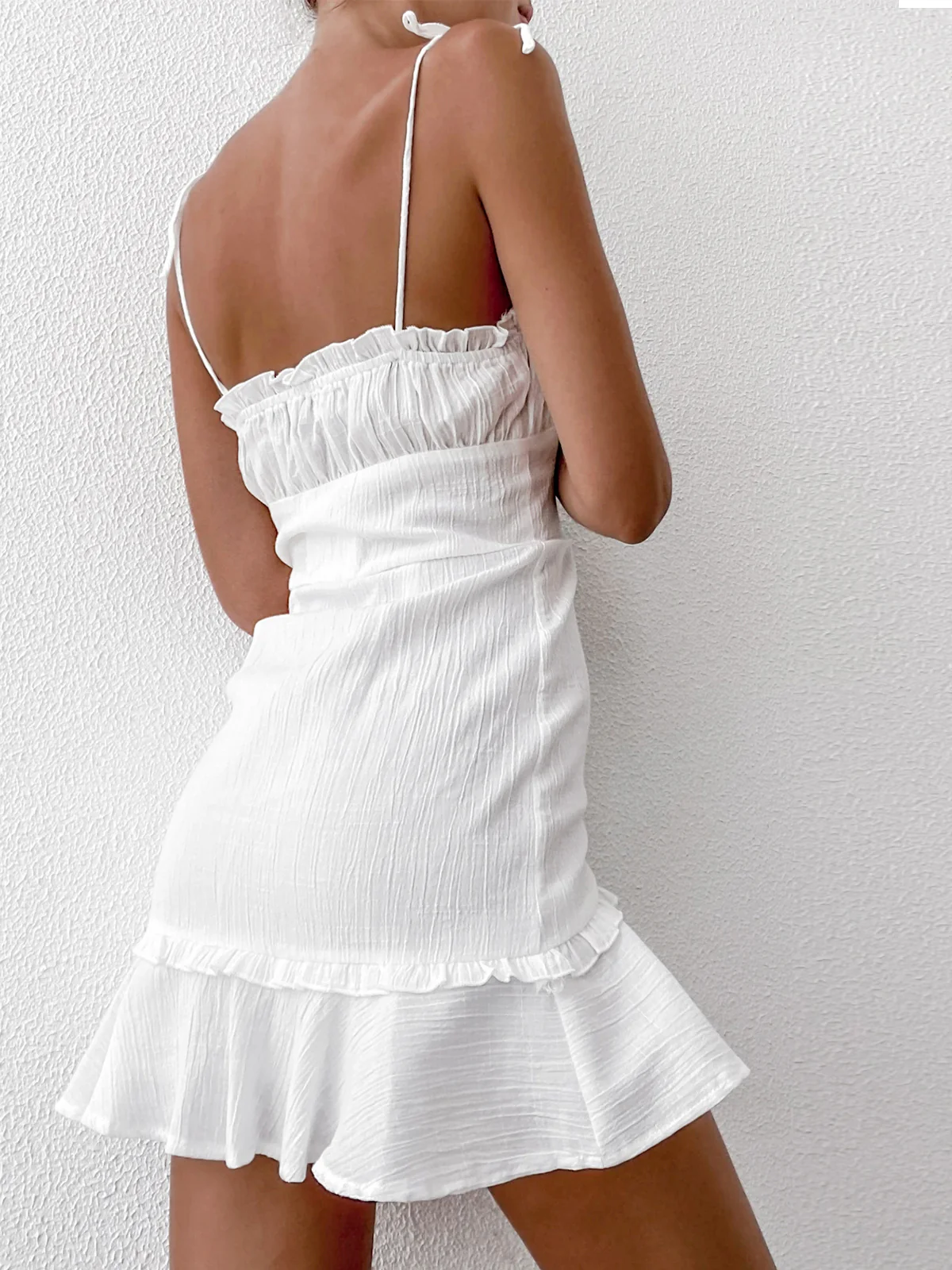 Sexy V-Neck Ruffle Skirt Tight Sling Short Dress - Image 3
